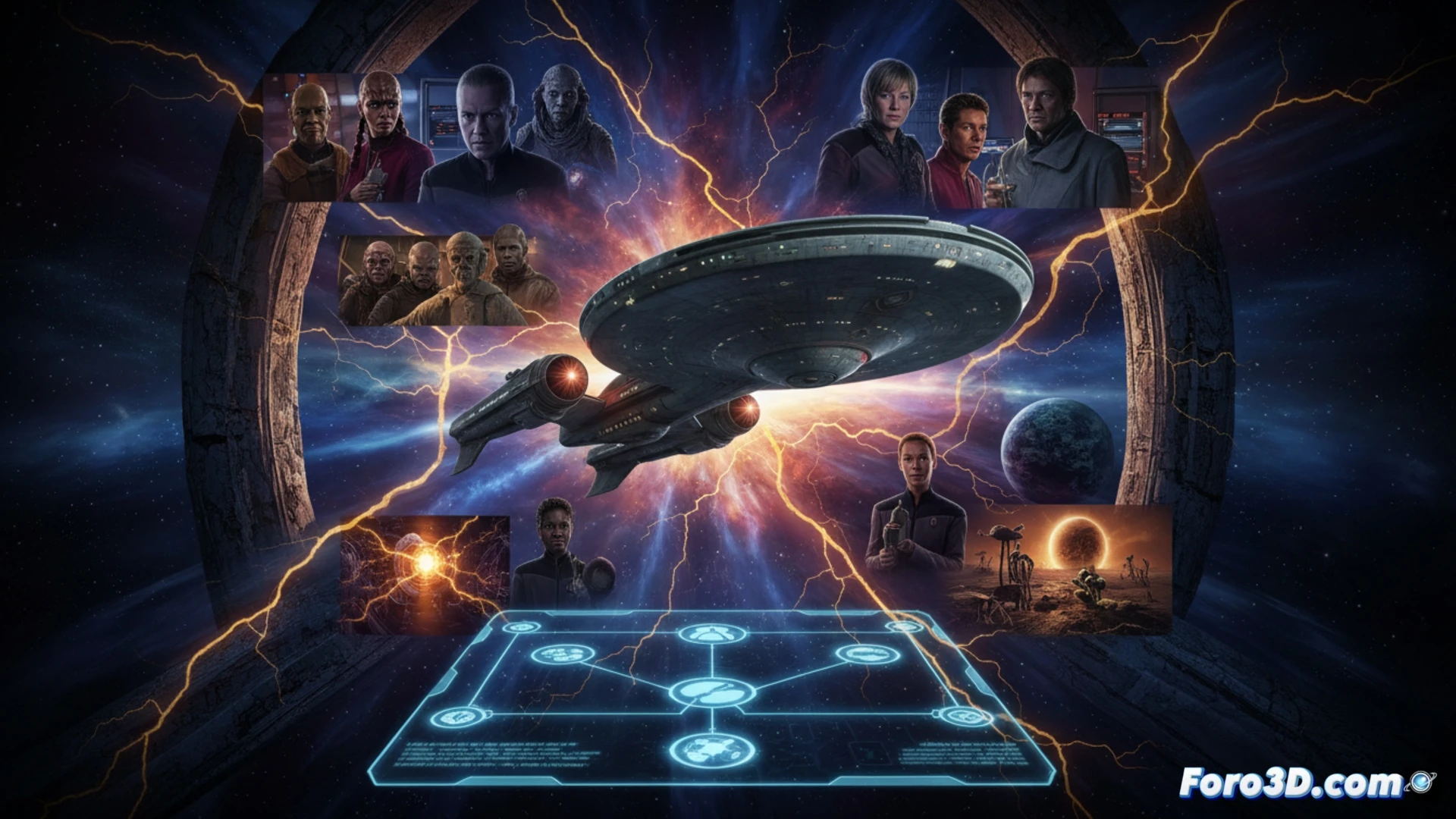 Star Trek Voyager bridge holographic display during crisis management, captain making a tactical decision at the helm, glowing console interfaces showing damage control systems and Delta Quadrant star charts, crew members monitoring life support and shield status, cinematic engineering visualization, dramatic blue and amber ambient lighting, intense facial expressions, motion blur on hands pressing controls, photorealistic sci-fi render, ultra-detailed panel textures and holographic data streams.