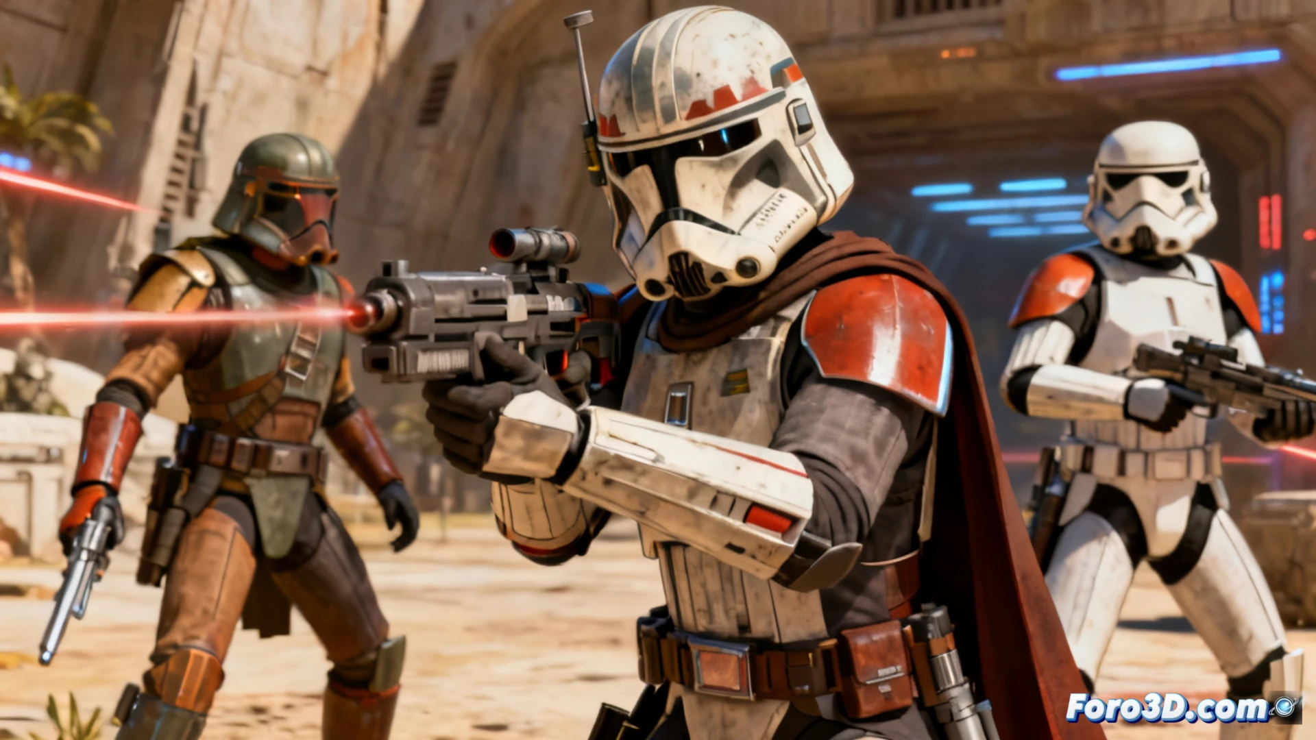 Captura de Star Wars Hunters mostrando personajes estilizados al estilo Clone Wars en un escenario de combate