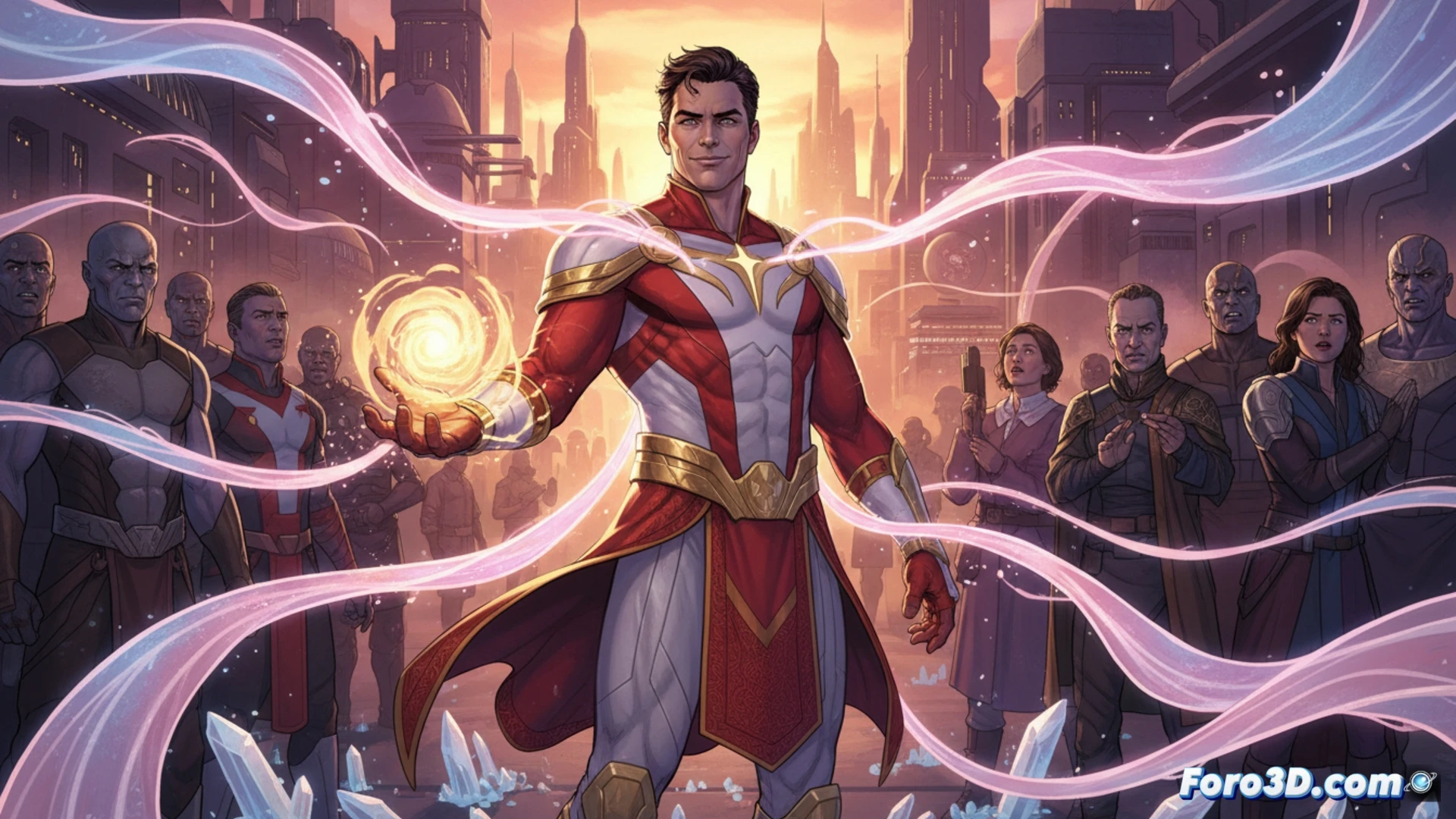 Eros sonríe con suave luz púrpura mientras Thanos, al fondo, frunce el ceño. Una mano brilla cerca del pecho de una mujer, quien parece en paz.