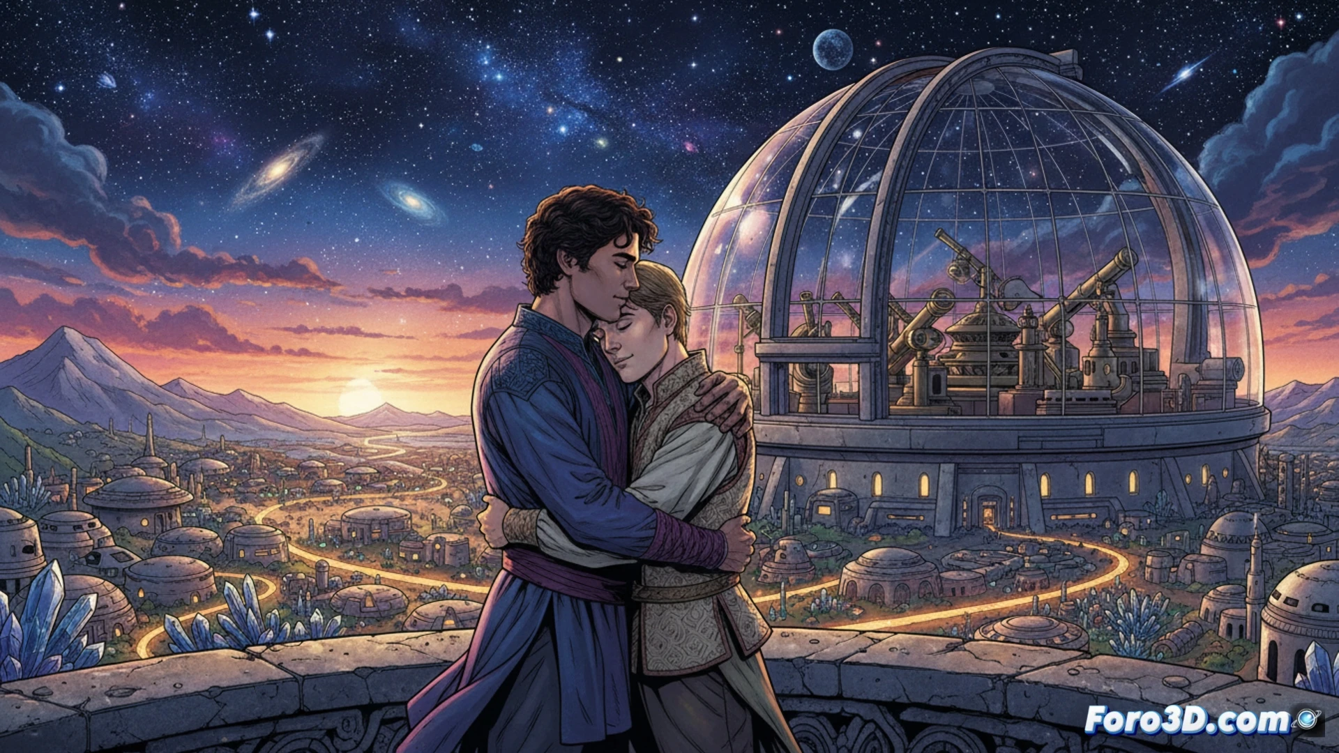 young civilian couple sitting on a floating park bench inside a massive starbase observation dome, one sketching nebula patterns on a transparent tablet while the other watches with a soft smile, holographic star charts drifting between them, distant starships visible through the dome window, warm ambient lighting from bioluminescent plants, cinematic scene with intimate atmosphere, showing gentle hand touches and shared earbuds, technical details of the tablet screen displaying vector star maps, realistic fabric textures on casual civilian clothes, soft lens flare from the nebula glow, photorealistic sci-fi illustration, no text or symbols