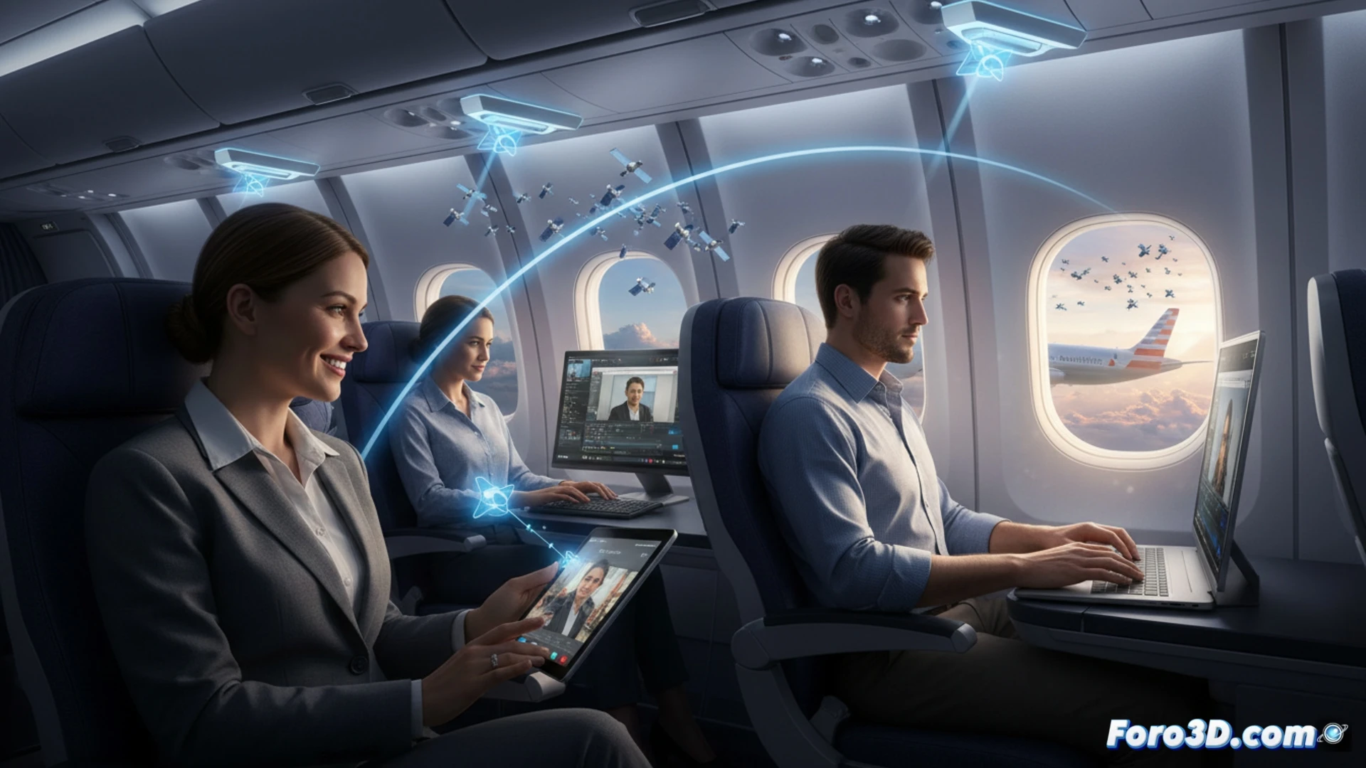 Airbus A320 cabin interior transformation, Starlink satellite dish antenna being mounted on aircraft fuselage exterior by maintenance crew in yellow vests, fiber optic cables running through overhead compartments, passengers streaming 4K video on tablets without buffering, cinematic engineering visualization, metallic aircraft skin with rivets, blue LED indicator lights on network equipment, tools scattered on galley floor, dramatic hangar lighting, photorealistic technical render