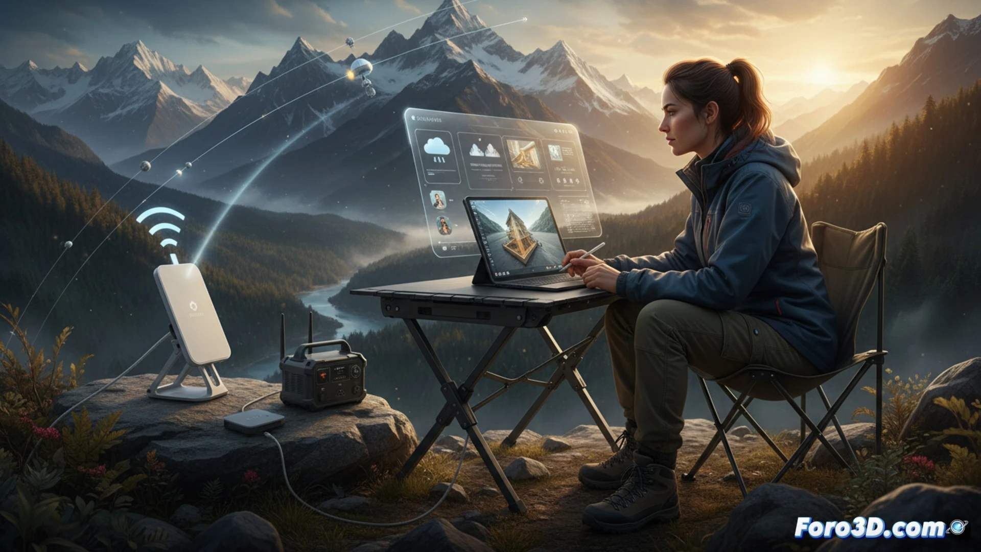 Starlink Mini terminal satelital portatil sobre mesa junto a portatil profesional para trabajo 3D en exteriores