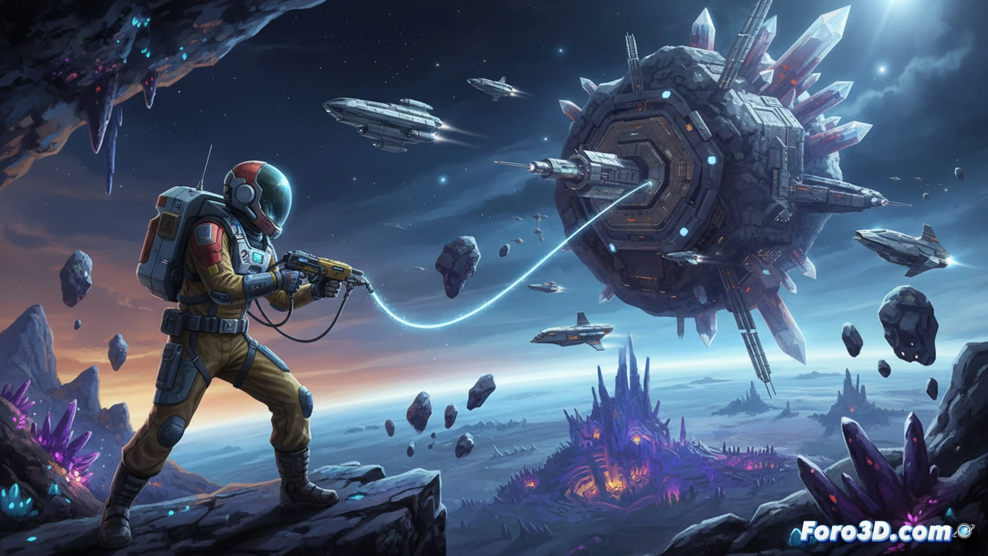 two astronauts in orange exploration suits deploying a metallic research probe on a rocky alien planet surface, one adjusting a glowing holographic interface while the other secures a drill arm to the ground, a small rover with sample containers parked nearby, distant starfield and ringed planet in the sky, cinematic engineering visualization, photorealistic lighting, action of scanning and drilling demonstrated, tools including handheld scanner and multi-tool, dust particles floating in low gravity, dramatic contrast between bright suit lights and dark terrain shadows, ultra-detailed mechanical components on probe and rover