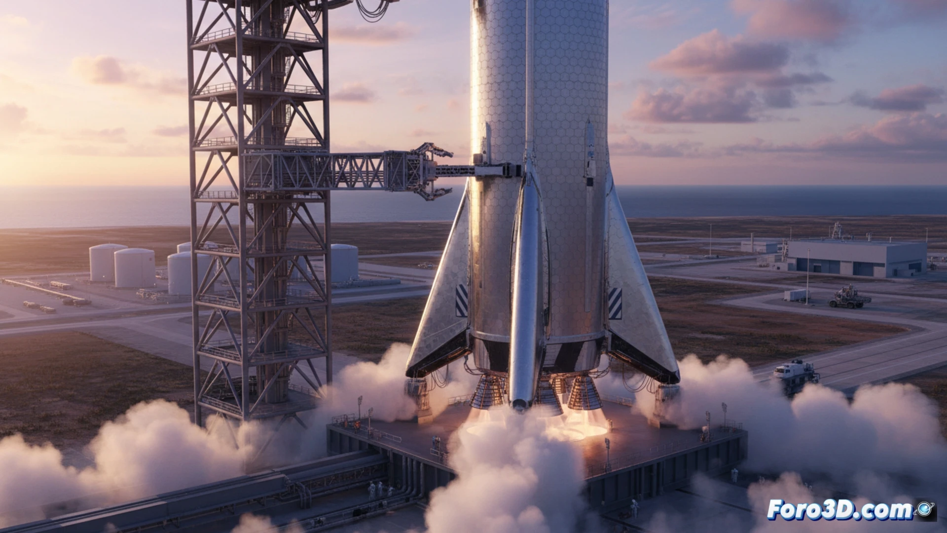 Massive stainless steel Starship rocket on ocean launch pad during cryogenic propellant loading, frost forming on tank surfaces while ground support arms retract, engineers monitoring from control room with holographic telemetry displays, dramatic dawn lighting, exhaust vents releasing white vapor clouds, towering launch tower with mechanical clamp arms in motion, photorealistic engineering visualization, ultra-detailed metallic textures, cinematic depth of field, industrial safety lights glowing amber, dynamic action of pre-launch countdown sequence