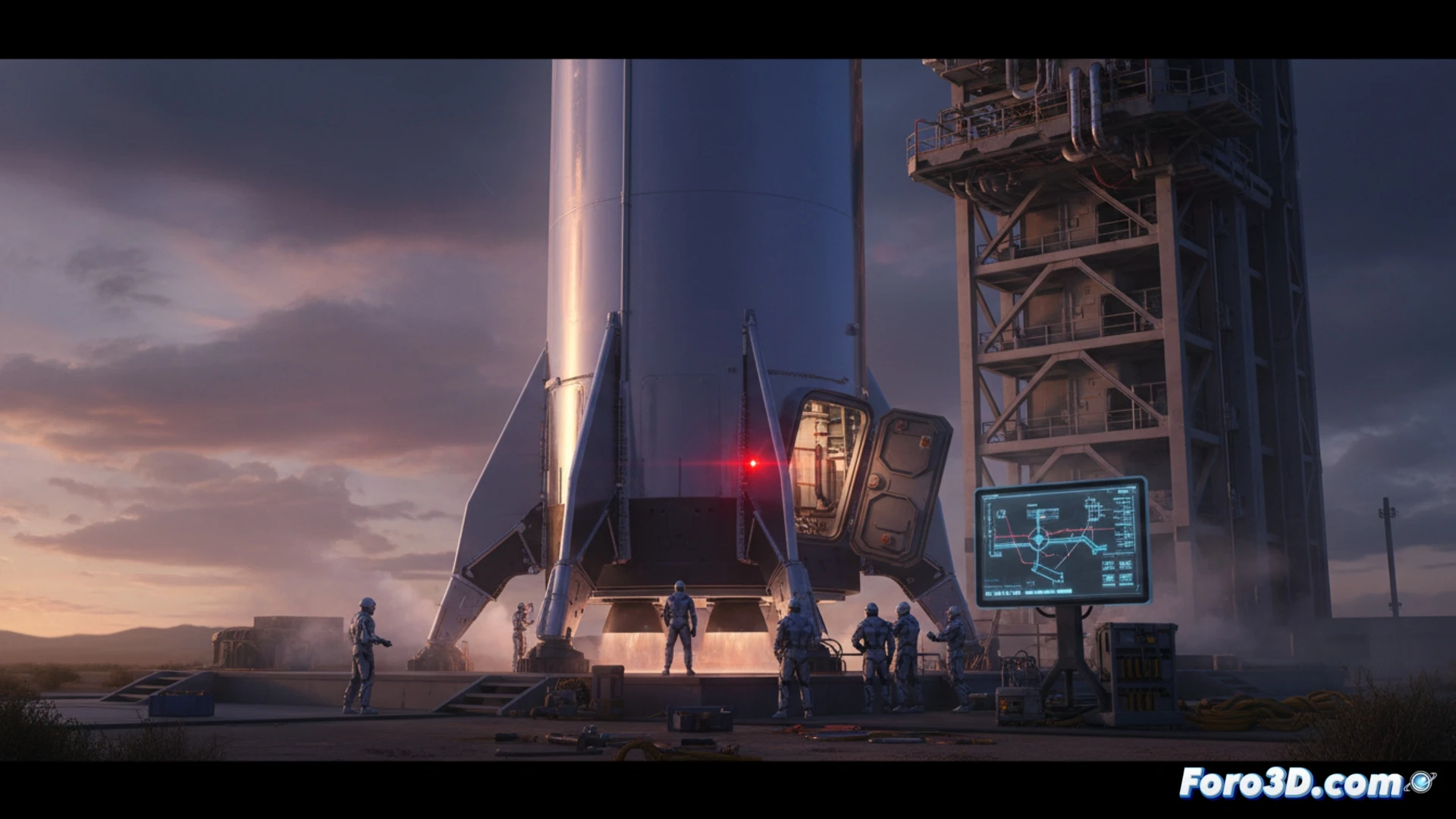 Starship V3 rocket on launch pad at twilight, liquid oxygen venting from side ports indicating pressure release, a single hydraulic actuator piston stuck in extended position near the base, engineers in white suits monitoring control screens showing temperature and pressure graphs, launch tower retracting arms frozen mid-motion seconds before liftoff, dramatic spotlights illuminating the vehicle, metallic hull with condensation streaks, photorealistic technical illustration, cinematic industrial lighting, ultra-detailed mechanical components, tense pre-launch atmosphere