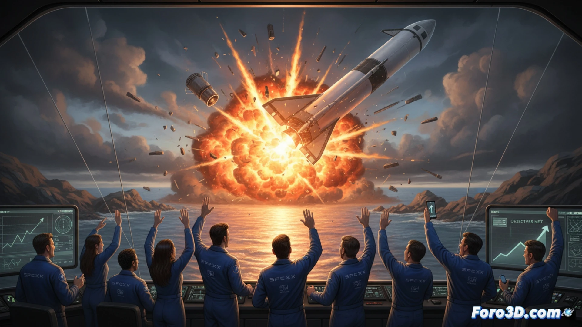 Starship V3 booster separation sequence during test flight, 33 Raptor engine cluster with one nozzle showing bright orange failure glow, stage separation occurring mid-explosion, debris cloud forming near the failing engine, trajectory deviation visible in smoke trail, technical engineering visualization, metallic fuselage with thermal tiles peeling, dramatic Texas sky background, high-contrast industrial lighting, photorealistic cinematic render, motion blur on falling fragments, precise mechanical detail on engine bells