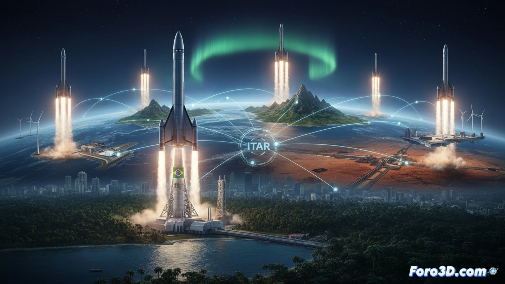 Starship despegando desde Starbase Texas con mapa mundial y acuerdos de salvaguardias tecnológicas
