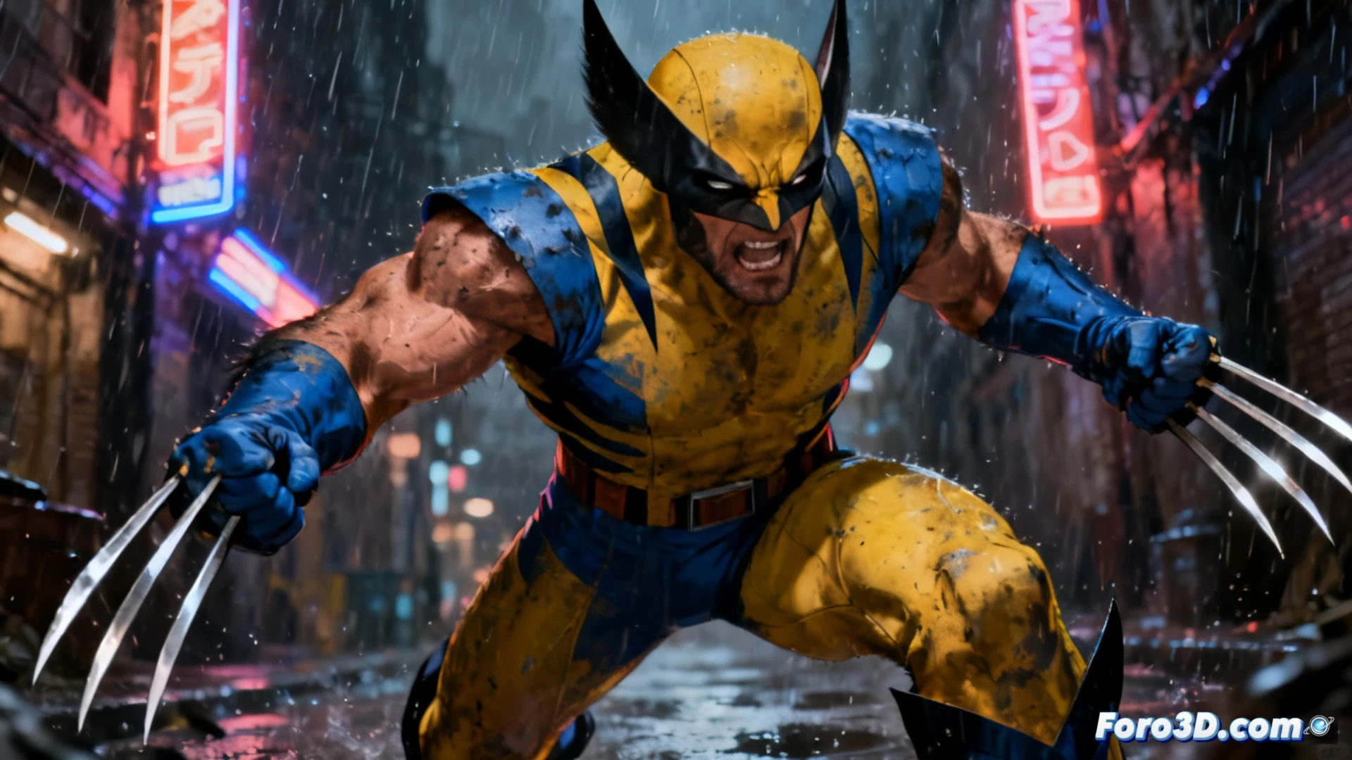 photorealistic cinematic scene of a gaming console controller held by a muscular metallic clawed hand, glowing blue LED strips on the controller illuminating the dark room, a large curved monitor in the background displaying a paused gameplay screen of a mutant superhero in a yellow costume, game development software windows visible on a secondary monitor showing 3D character rigging and code lines, scattered gaming peripherals and a motion capture camera on the desk, dramatic side lighting casting long shadows, ultra-detailed textures on the controller and claw, technical engineering visualization of gaming hardware integration