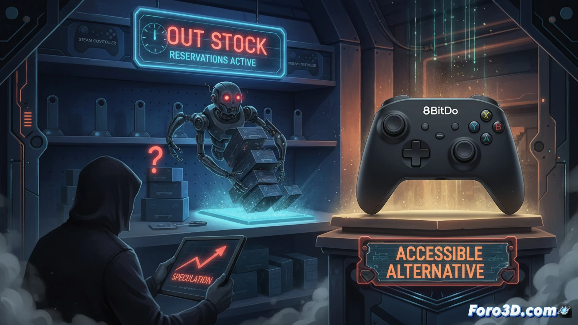 Steam Controller agotado, caja vacía sobre estante polvoriento, manos especuladoras marcando precios inflados en etiquetas adhesivas durante reventa digital, mientras un 8BitDo Ultimate 2 descansa listo para uso sobre escritorio técnico, cables USB conectados a un PC mostrando proceso de configuración de software, fondo oscuro con iluminación dramática de estudio, texturas de plástico mate y goma, fotorealismo técnico, ilustración de hardware con enfoque nítido en detalles de botones y joysticks, sombras duras, composición cinematográfica de contraste entre escasez y alternativa accesible