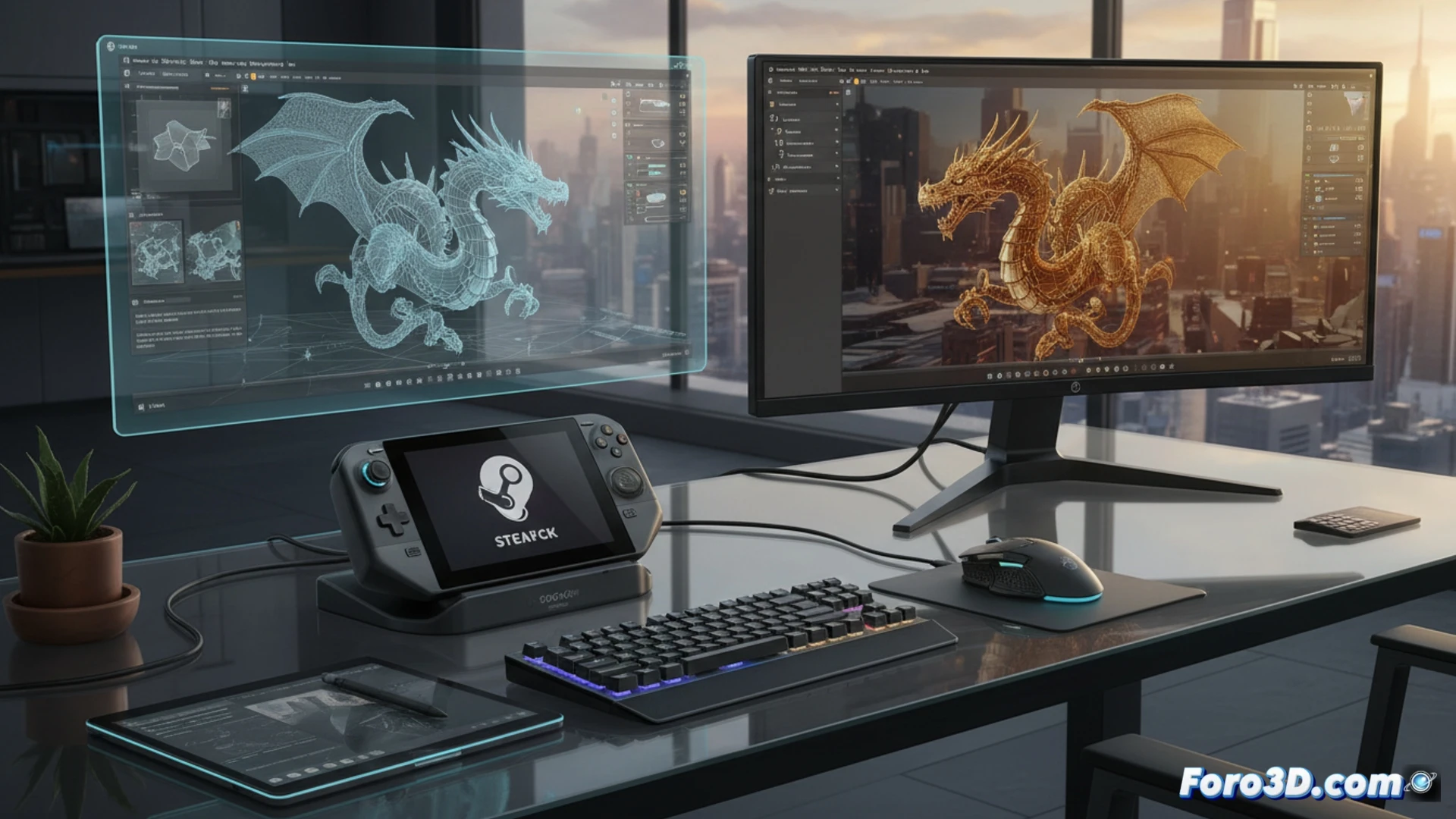 Steam Deck Dock conectado a monitor, teclado y ratón para modelado 3D portátil