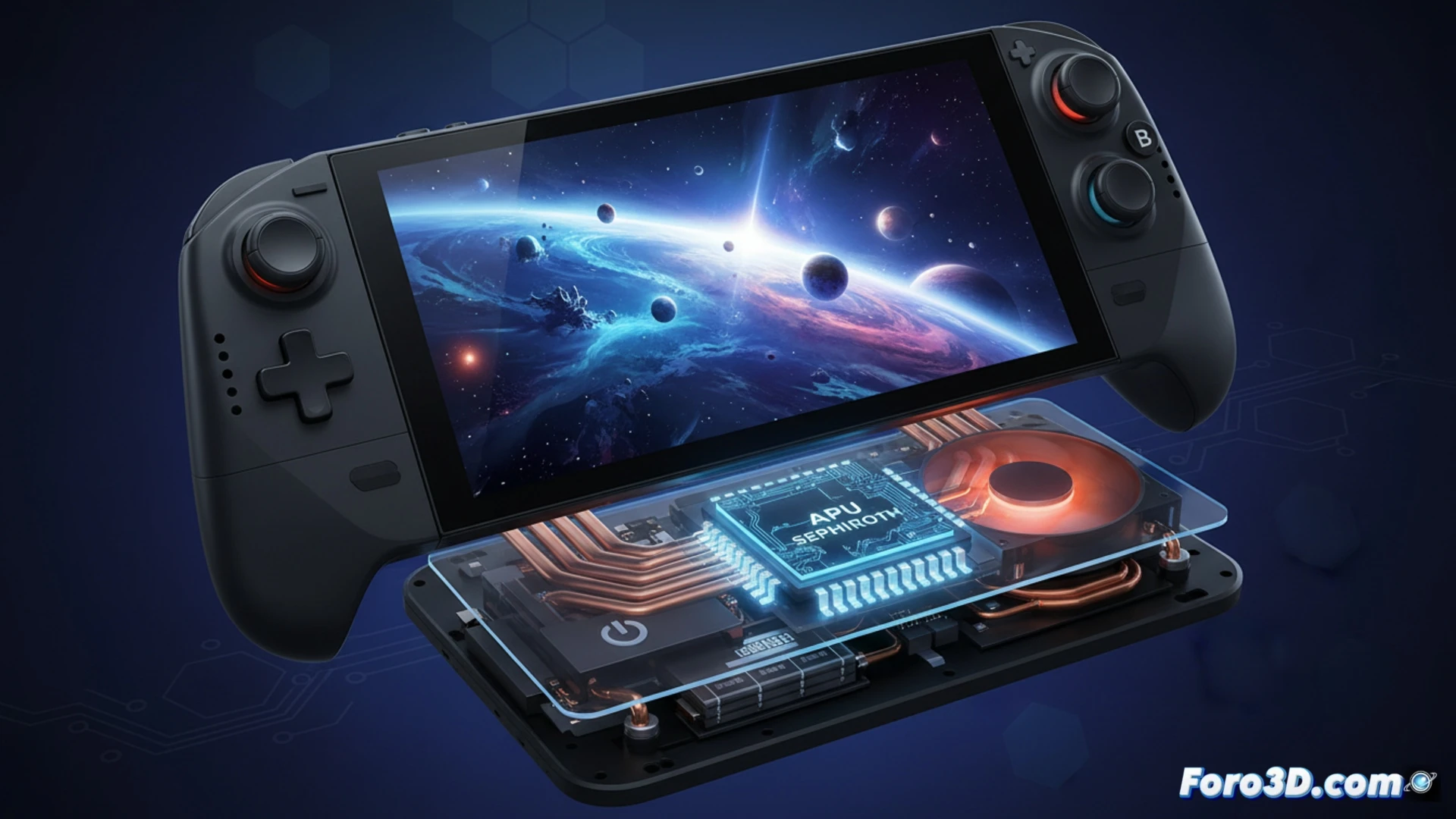 Steam Deck OLED Konsole während der Demontage auf einer mattschwarzen Werkbank, ein Präzisionsschraubendreher entfernt die Rückabdeckung und gibt die Sephiroth 6nm APU mit einem leuchtenden Wärmeübertragungsdiagramm frei, HDR-OLED-Bildschirm in der Nähe abgetrennt, der eine lebendige Spielszene zeigt, Kühlventilatorflügel in der Mitte der Drehung eingefroren, während Wärmerohre orange-blaue Gradienten-Luftstrompfeile zeigen, technische Visualisierung im Ingenieursstil, dramatische Seitenbeleuchtung wirft metallische Reflexionen auf Kupferkühlkörper, Hauptplatinenspuren mit subtilen Schaltkreislinien beleuchtet, fotorealistischer technischer Render