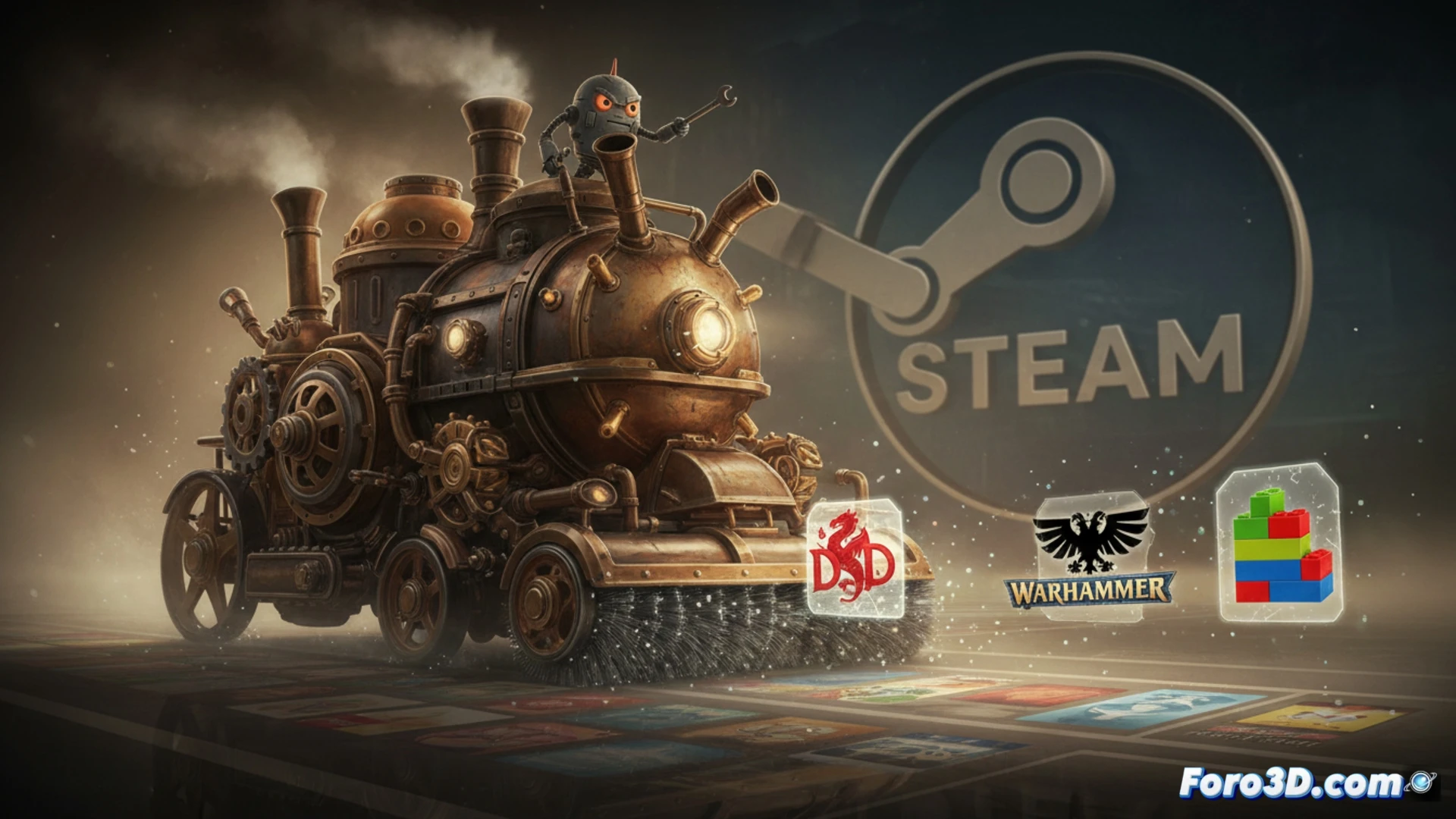 digital storefront interface being scrubbed clean by a giant mechanical eraser, game tags shaped like toy blocks, dice, and miniature soldiers falling into a digital trash bin, Valve logo on a monitor displaying a purge progress bar, steam platform UI elements fading away, photorealistic technical illustration, dramatic top-down lighting, metallic and neon blue color palette, high-contrast shadows, hyper-detailed textures on icons and interface panels, cinematic action shot showing the cleaning process in motion