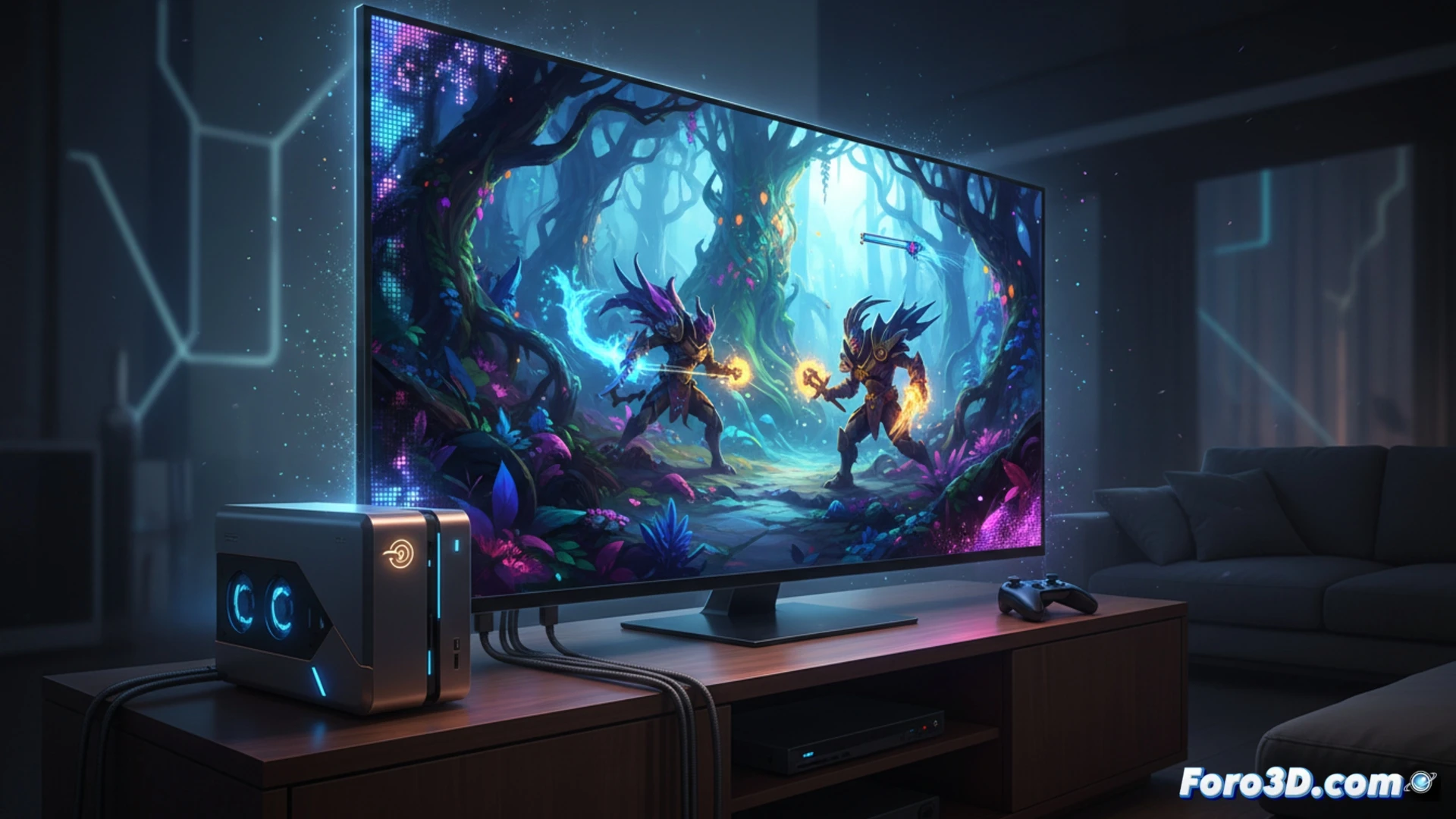 Steam Machine conectada a un televisor moderno mostrando un juego 4K, panel OLED con negros profundos y colores vibrantes, rayos de luz reflejándose en la pantalla, frecuencia de 120 Hz indicada por un sutil efecto de movimiento fluido, cable HDMI 2.1 conectado al puerto trasero del televisor, placa base Linux con código abierto visible en la interfaz de depuración, engranajes girando dentro de la Steam Machine mientras reduce la resolución para optimizar rendimiento, partículas de píxeles reajustándose, cinematic technical illustration, iluminación ambiental azul y naranja, texturas metálicas detalladas, estilo photorealistic engineering visualization