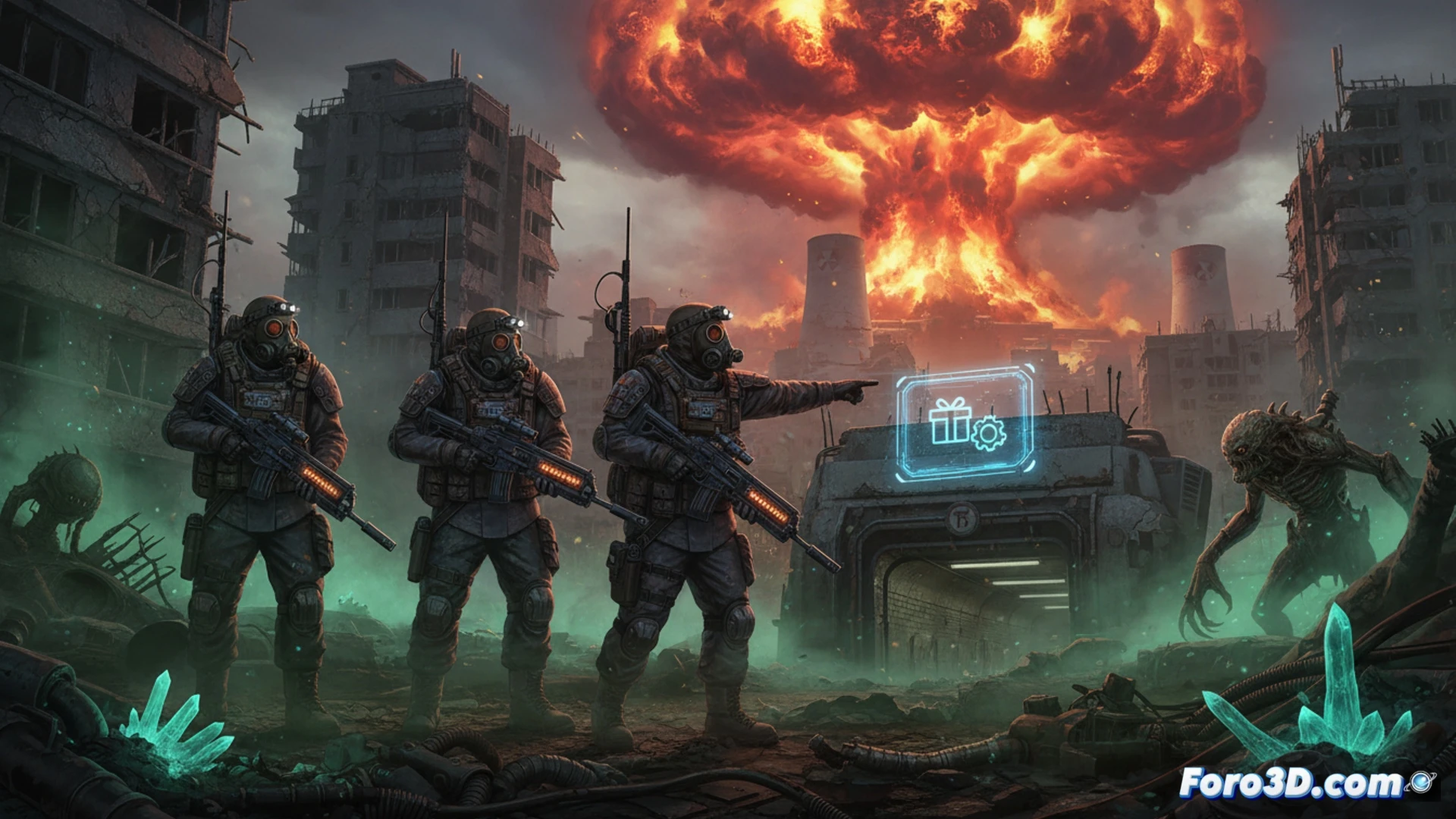Imagen de un paisaje postapocalíptico nuclear con dos supervivientes en trajes de protección rojos y máscaras antigás, examinando un mapa en una mesa de metal oxidado. Al fondo, un reactor destruido emite un brillo verde tóxico, mientras restos de maquinaria y vegetación muerta yacen esparcidos. La iluminación anaranjada del atardecer contrasta con el tono sombrío del entorno, evocando cooperación y peligro inminente.