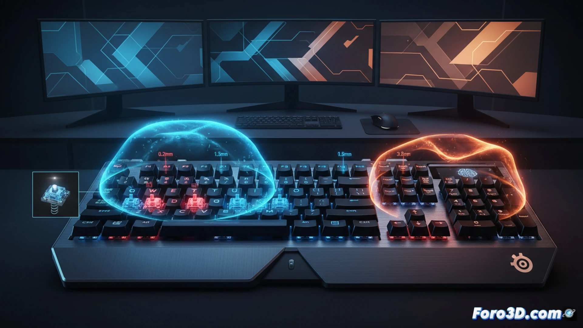 close-up angled shot of a gaming keyboard with a single keycap removed revealing an exposed OmniPoint magnetic switch mechanism, a precision calibration tool interface floating as a translucent holographic overlay above the keyboard showing adjustable actuation distance in millimeters, a glowing blue protection mode indicator active on the side, a hand mid-air demonstrating intentional versus blocked accidental keystroke, cinematic engineering visualization, polished aluminum chassis reflecting studio lighting, hyperdetailed mechanical components, photorealistic technical render, shallow depth of field focusing on the switch and hologram