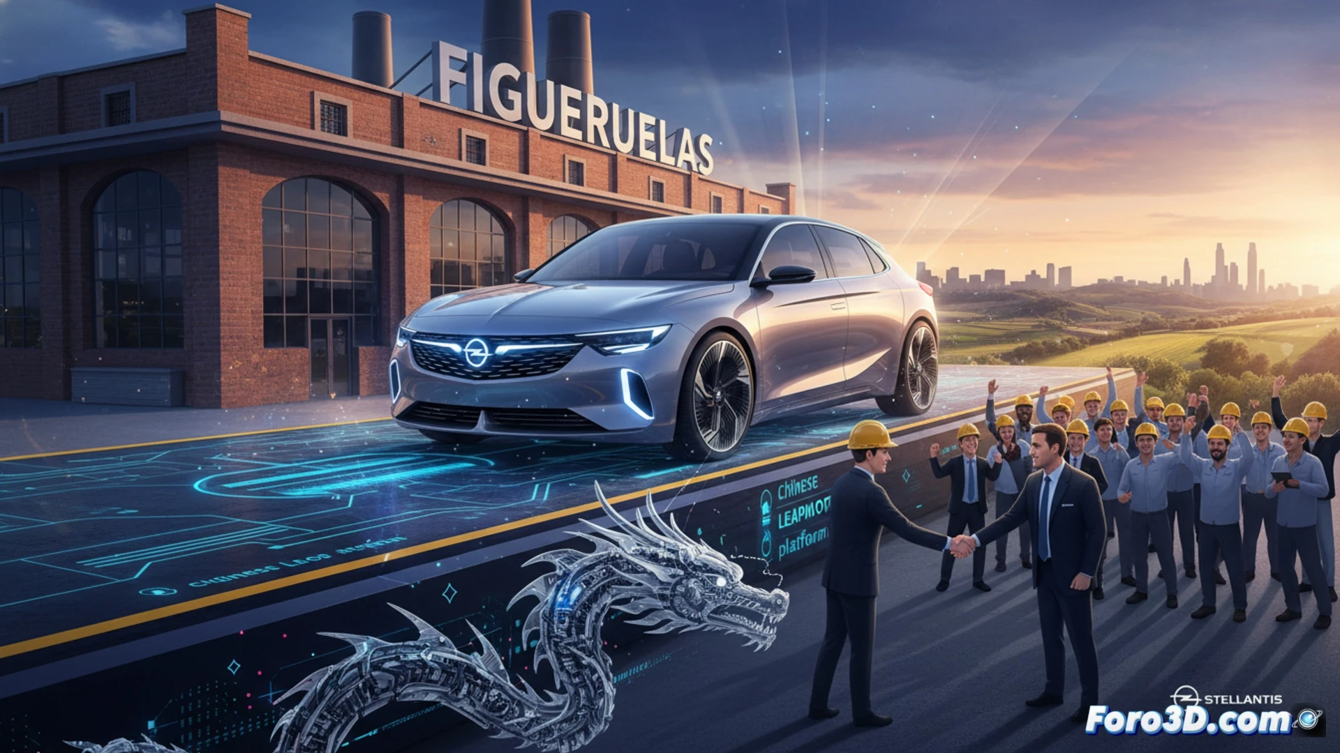 Un directivo de Stellantis señala un Opel sobre plano chino, con la planta de Figueruelas al fondo y obreros sonrientes.