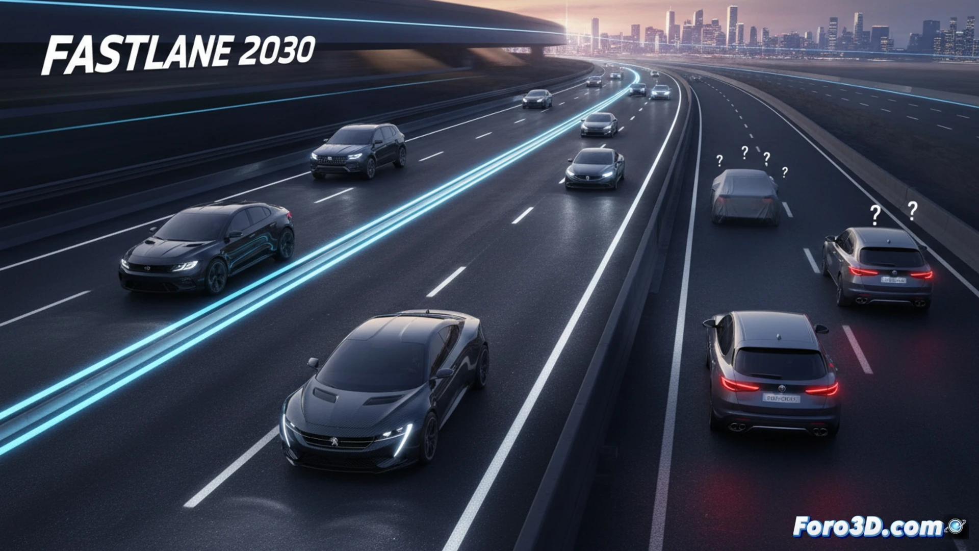Stellantis Fast Lane highway split, one lane marked with Peugeot and FIAT badges speeding ahead toward bright horizon, Alfa Romeo sedan stranded at entrance ramp with engine hood open, glowing Giulia and Stelvio blueprints fading into translucent holograms, mechanic inspecting disconnected drivetrain components, overhead schematic showing missing model slots in 2030 timeline, cinematic engineering visualization, cold industrial lighting, photorealistic metallic surfaces, dashboard screens displaying error codes, dramatic contrast between moving traffic and stalled vehicle, ultra-detailed mechanical failure scene