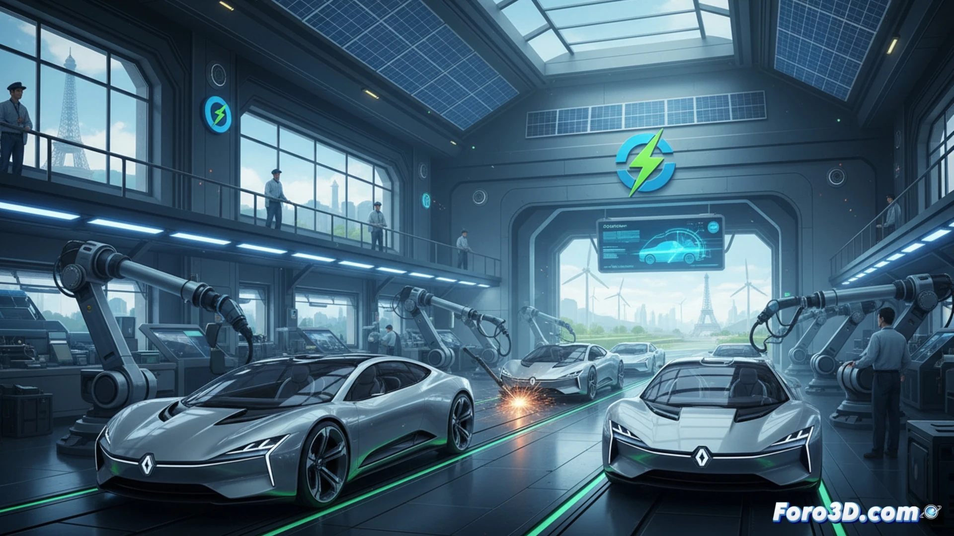 Stellantis factory assembly line in France, robotic arms installing high-voltage battery packs into electric vehicle chassis, workers monitoring diagnostic screens showing battery charge levels and motor efficiency, overhead conveyor system moving glossy white EV bodies, glowing blue LED strips along the production floor, sparks from welding station in background, cinematic engineering visualization, photorealistic industrial lighting, metallic surfaces reflecting ambient light, dynamic motion blur on moving components, ultra-detailed mechanical joints and wiring harnesses