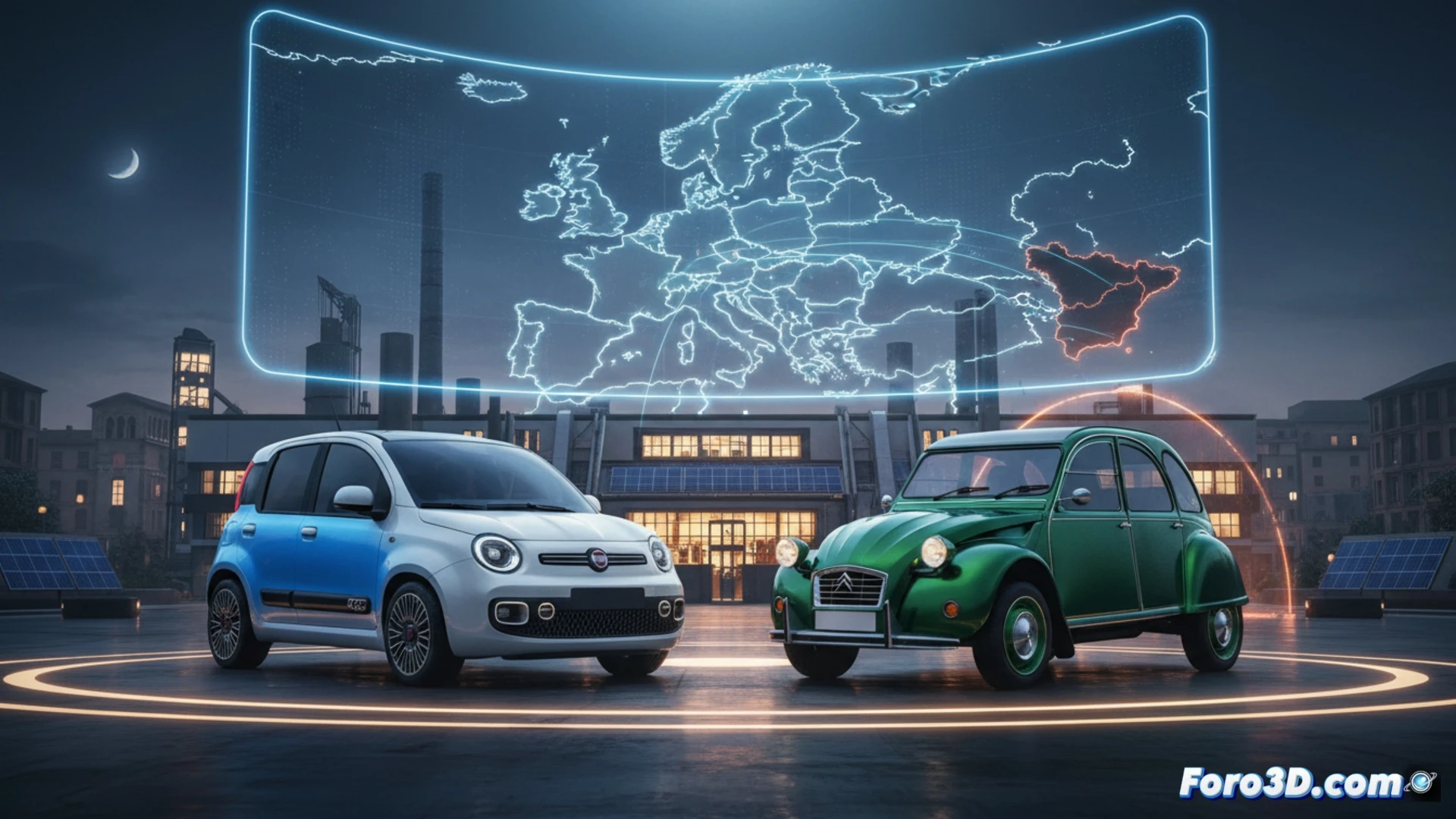 Stellantis assembly line in Pomigliano d'Arco, robotic arms welding a compact electric vehicle chassis, workers inspecting a retro-styled Fiat Panda body shell beside a 2CV prototype, conveyor belt moving battery packs with visible cooling ducts, holographic CAD display showing kei car dimensions, technical engineering visualization, cinematic industrial lighting, metallic reflections on robotic grippers, sparks during welding process, photorealistic factory floor with blue safety markings