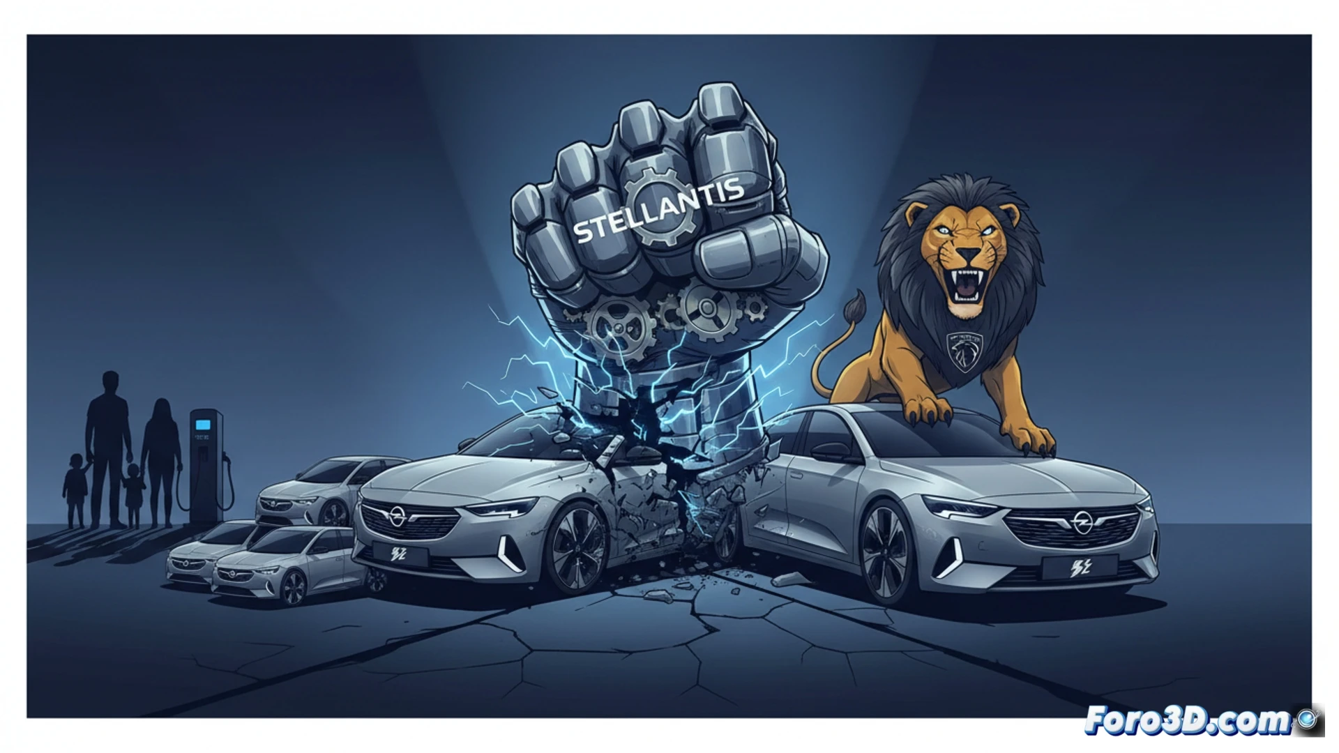 Opel Insignia sedan being dismantled by robotic arms in a factory, Peugeot 508 chassis receiving a new electric drivetrain and battery pack, assembly line conveyor belt stopped mid-process, glowing blue high-voltage cables disconnected from Opel frame, Grandland SUV looming in background shadows, technical illustration style, cold industrial lighting, metallic surfaces with grease smears, photorealistic engineering visualization, dramatic contrast between abandoned components and active installation