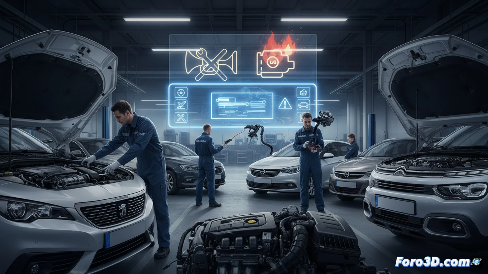 Un taller mecánico con varios coches de marcas como Peugeot y FIAT. Un técnico revisa un claxon desmontado y otro examina el motor humeante.