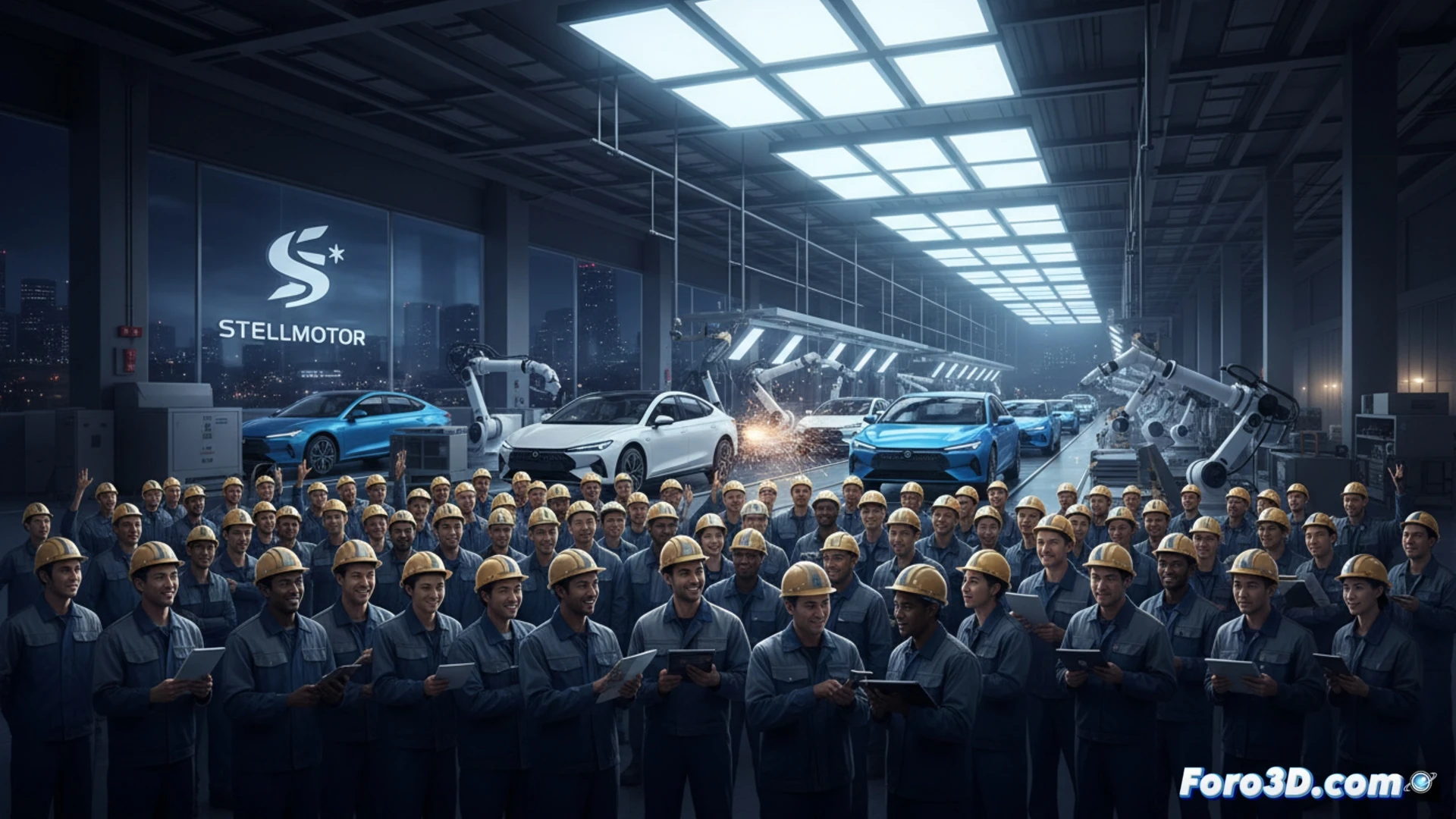 automotive assembly line in Figueruelas plant, workers in blue uniforms installing battery packs into white Leapmotor B10 chassis, robotic arms welding frame components overhead, conveyor system moving partially assembled vehicles, bright industrial LED lighting reflecting off metallic surfaces, safety goggles and gloves visible, technical engineering visualization, photorealistic render, dynamic action of precise mechanical assembly, sparks from welding process glowing orange, clean factory floor with organized tool stations