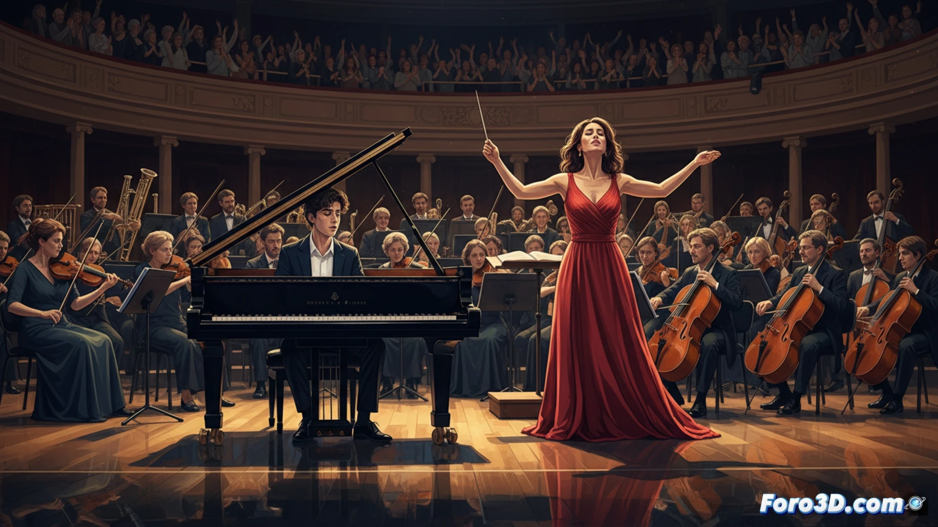 photorealistic concert hall scene, pianist Lukas Sternath playing a grand piano with intense emotion, hands striking keys creating visible motion blur, violinist Delyana Lazarova performing with bow gliding across strings, Galicia Symphony Orchestra in the background with precise bow movements, dramatic stage lighting casting warm golden beams on musicians, dark wooden acoustics reflecting light, audience silhouettes in foreground, concert grand piano lid fully open revealing hammers and strings in action, violin chinrest and fingerboard detail, technical visualization of musical performance, cinematic depth of field, rich orchestral atmosphere