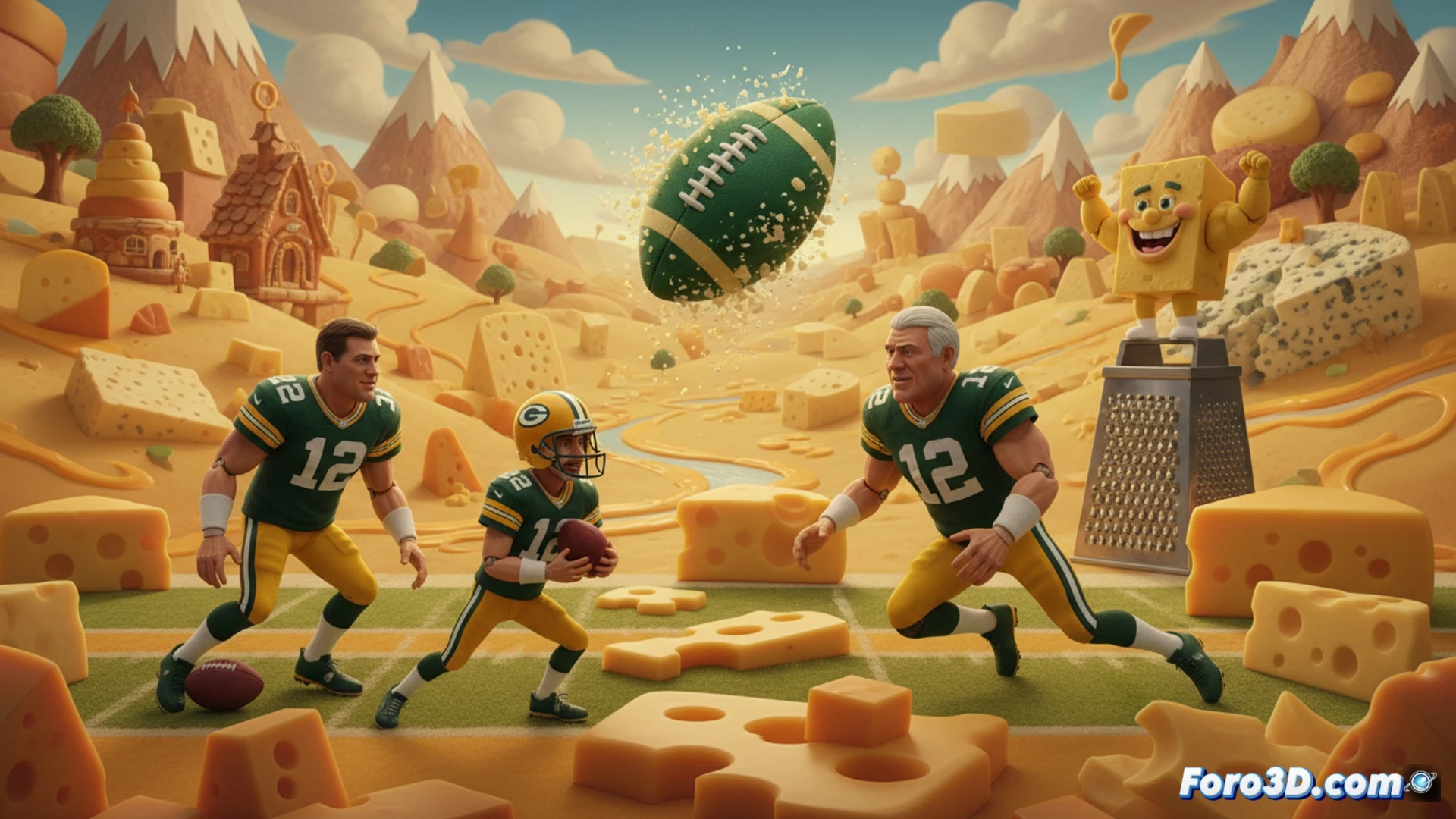 Stop-motion football figure crafted from yellow cheese blocks being animated on a miniature green field, clay Packers player models mid-tackle pose, tiny studio lights and stop-motion camera rig visible, animator hand adjusting a cheese helmet on a player figurine, miniature goalposts and football equipment scattered around, cinematic technical illustration, warm amber studio lighting, detailed clay textures, photorealistic stop-motion set, action during frame-by-frame animation process