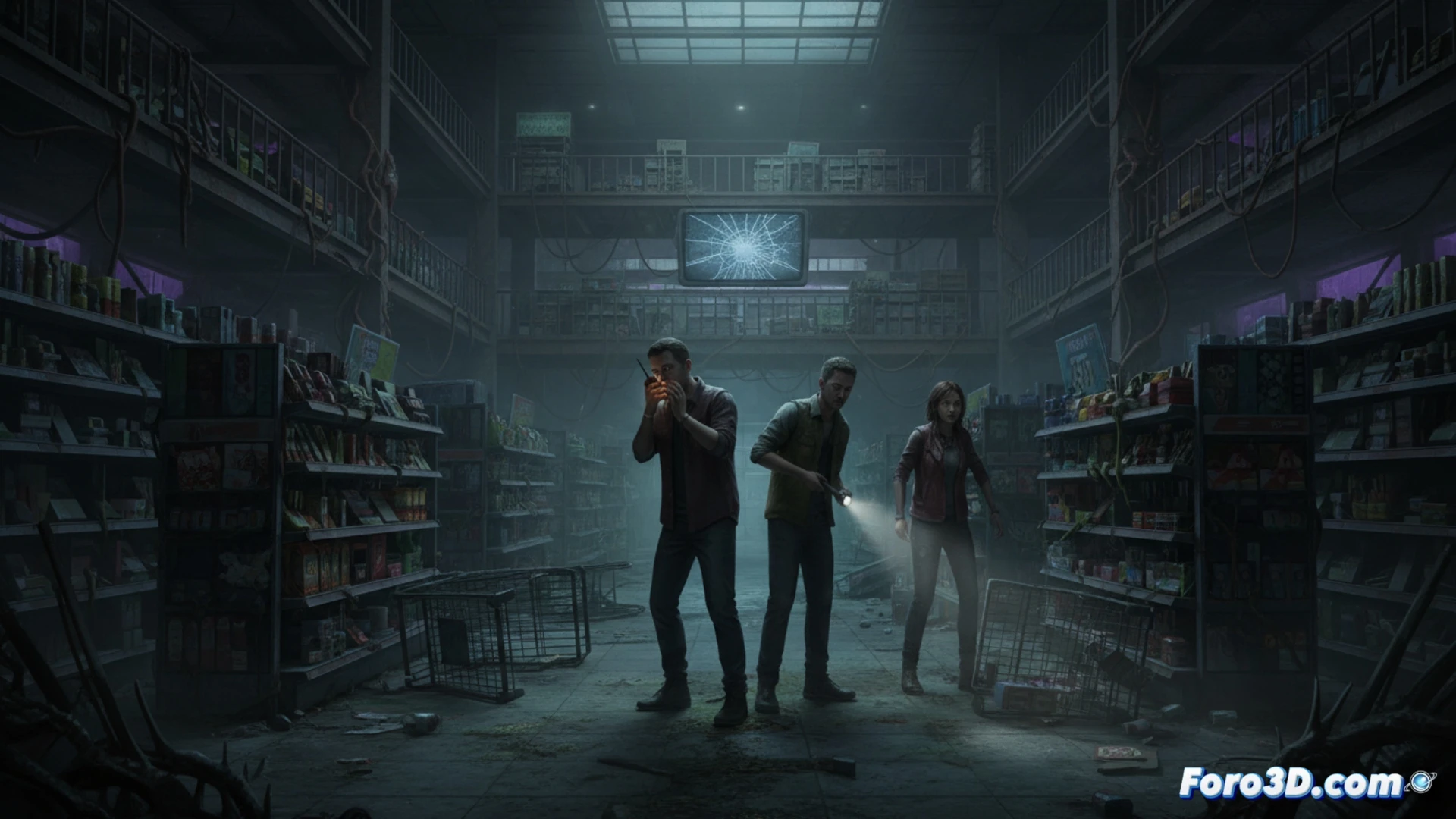 three players crouching inside a dimly lit megastore aisle, one holding a crackling walkie-talkie while another shines a flashlight at a flickering shelf, a shadowy horror figure emerging from the darkness behind broken shopping carts, cooperative puzzle-solving in progress with a locked door control panel being hacked via a portable tablet, cinematic photorealistic horror visualization, neon exit signs casting green glow, dust particles floating in flashlight beam, walkie-talkie antenna with static discharge, realistic game engine render, dramatic chiaroscuro lighting, ultra-detailed retail debris and scattered products, motion blur on running figure in background