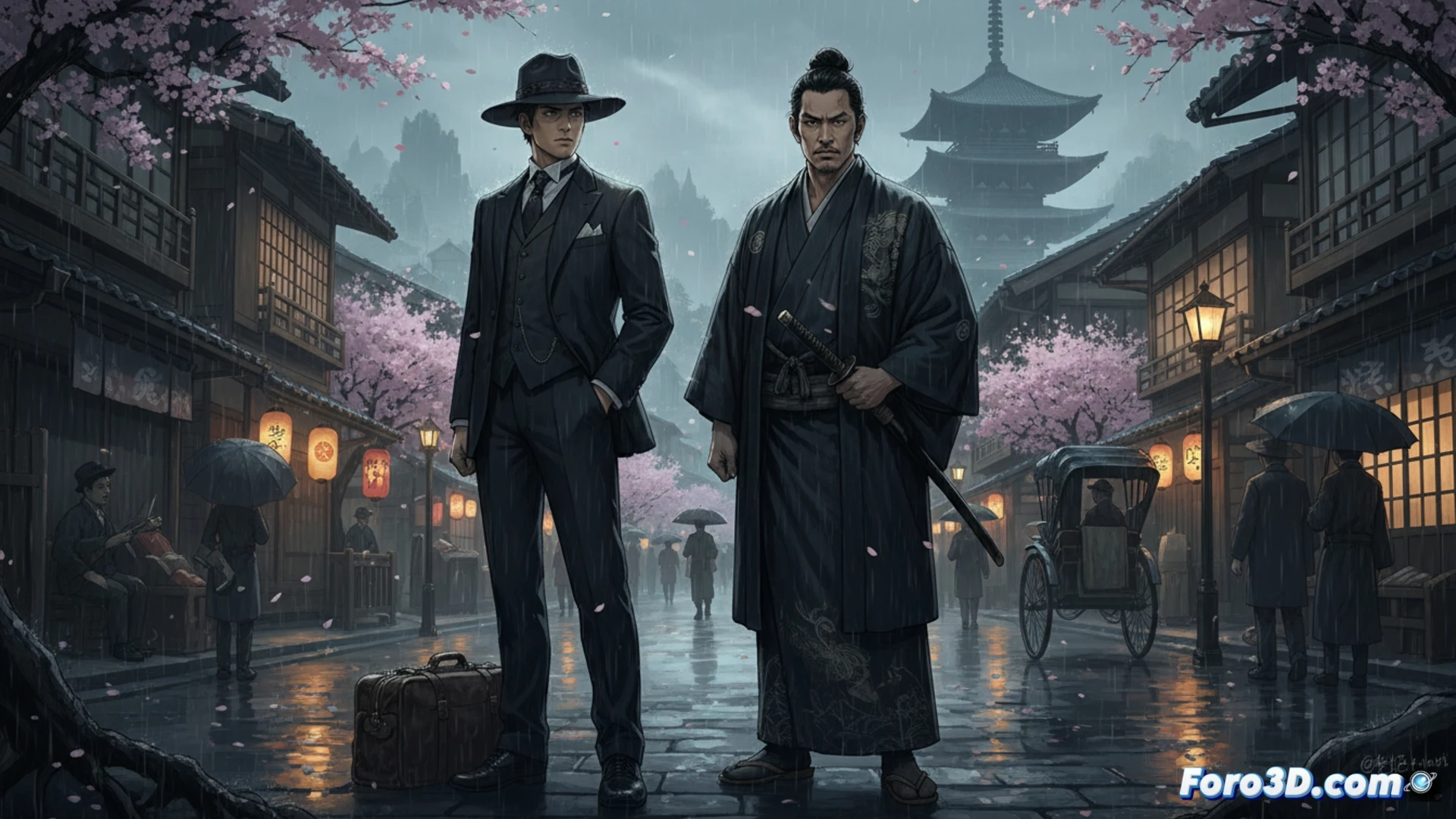 Un joven samurái en kimono oscuro mira un horizonte de rascacielos en llamas, con espada y un pergamino antiguo en mano, bajo un cielo tormentoso de 1915.