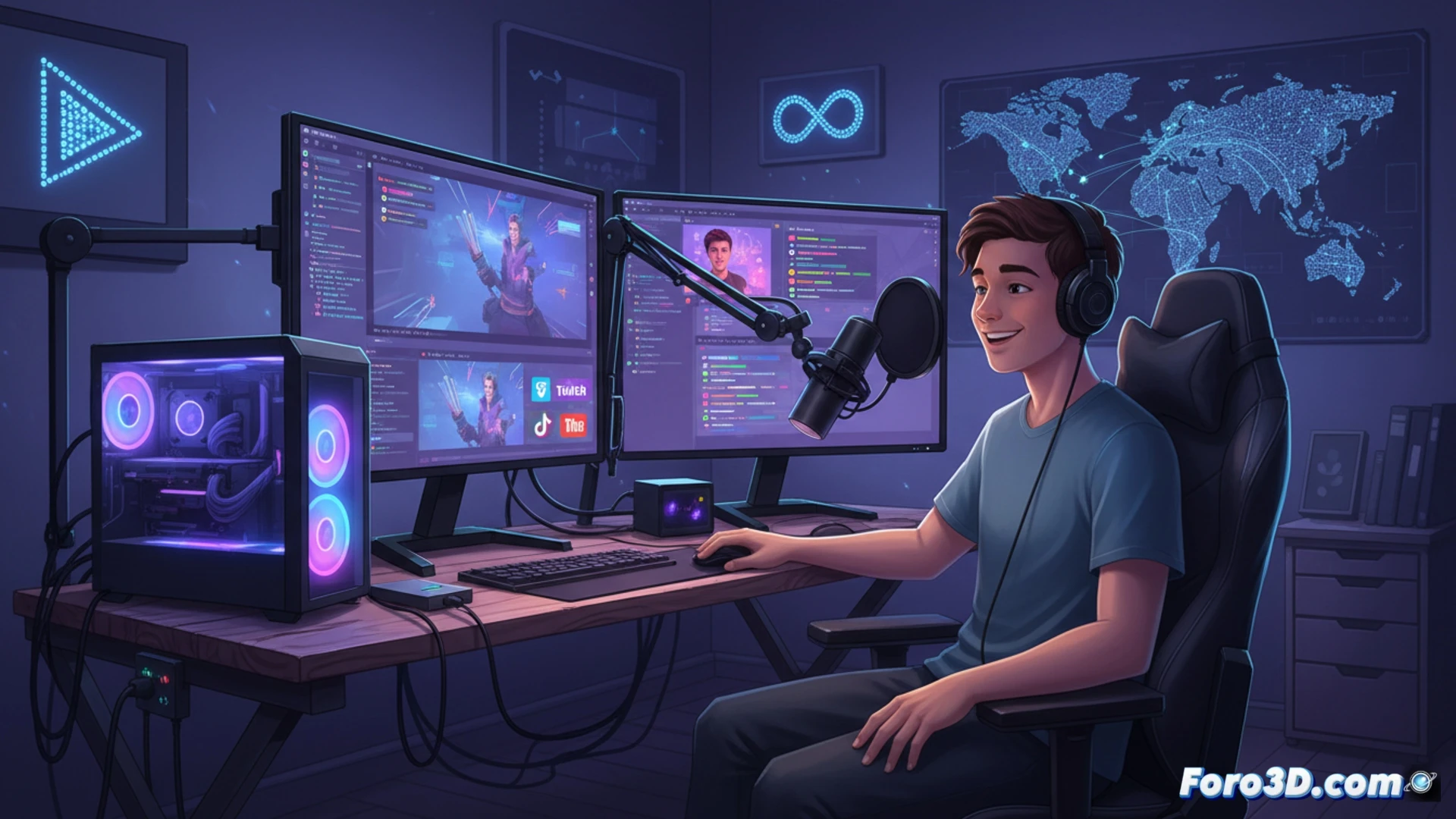 Un streamer joven sonríe frente a su PC, con OBS Studio abierto en pantalla y luces LED, mostrando una configuración semiprofesional asequible.