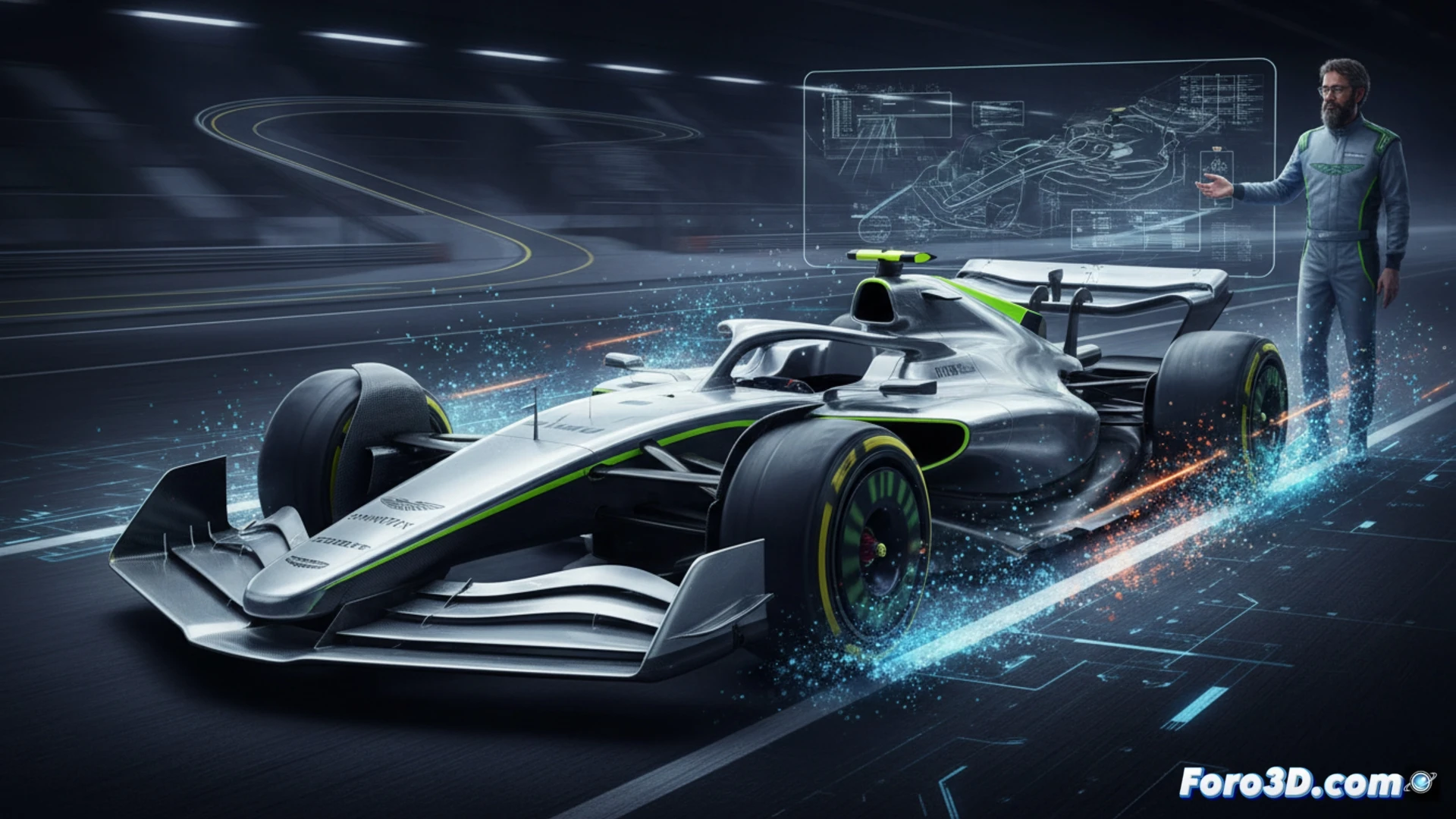 Aston Martin AMR26B secret development in a high-tech wind tunnel, aerodynamicist Adrian Newey reviewing CFD data on a holographic screen, carbon fiber monoplaza chassis being assembled with exposed suspension components, tooling jigs and laser alignment systems visible, dramatic blue and green team lighting, photorealistic engineering visualization, motion blur indicating rapid prototyping process, detailed mechanical structures, glowing airflow simulation lines around the rear diffuser, cinematic technical illustration
