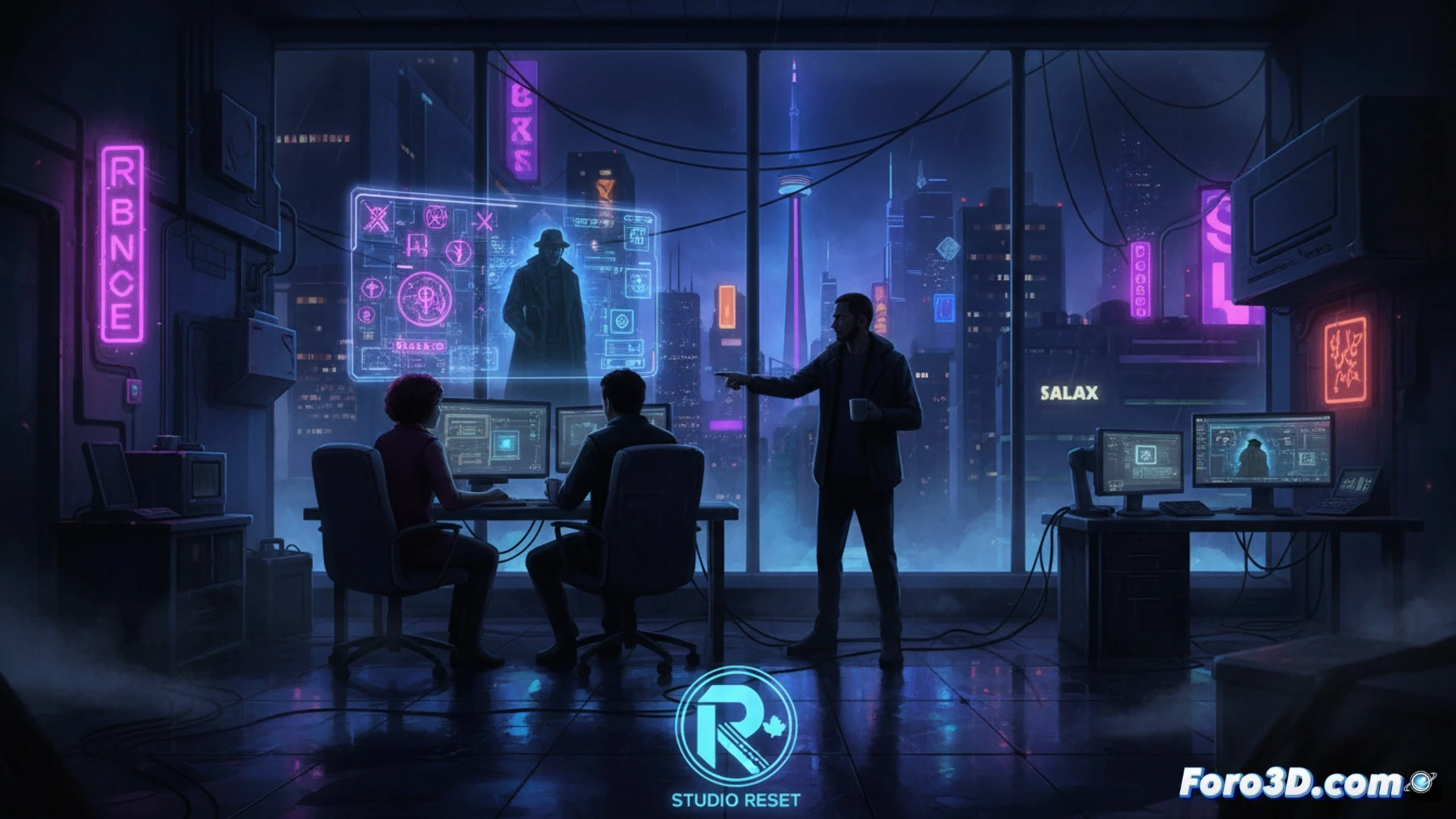 neon-noir city street at night, rain-slicked pavement reflecting purple and blue light, a developer wearing headphones sits at a workstation with dual monitors showing 3D character design software, holographic blueprint of a supernatural creature floating above the desk, glowing red wireframe particles drifting through the air, cinematic technical illustration, hyperrealistic textures on wet asphalt and glass, dramatic volumetric fog from street lamps, cyberpunk aesthetic with subtle Canadian elements like a stylized maple leaf neon sign in the background, moody low-key lighting, ultra-detailed workstation with mechanical keyboard and stylus pen visible, photorealistic engineering visualization