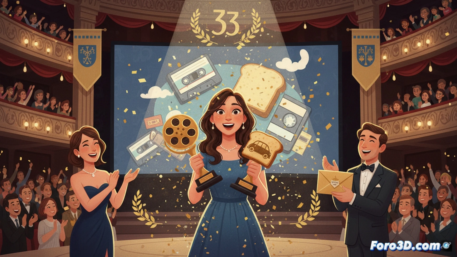 Un cineasta celebra en el escenario del festival de Stuttgart con dos trofeos, una pantalla muestra su corto animado y el logo de los Oscar.