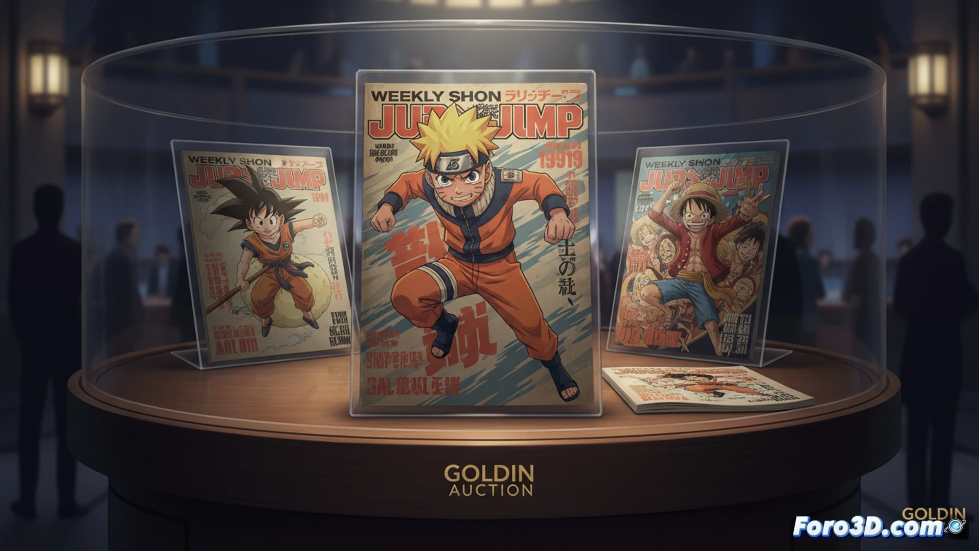 Portada de Weekly Shonen Jump 1999 con Naruto, Goku y Luffy, sobre fondo dorado de subasta.