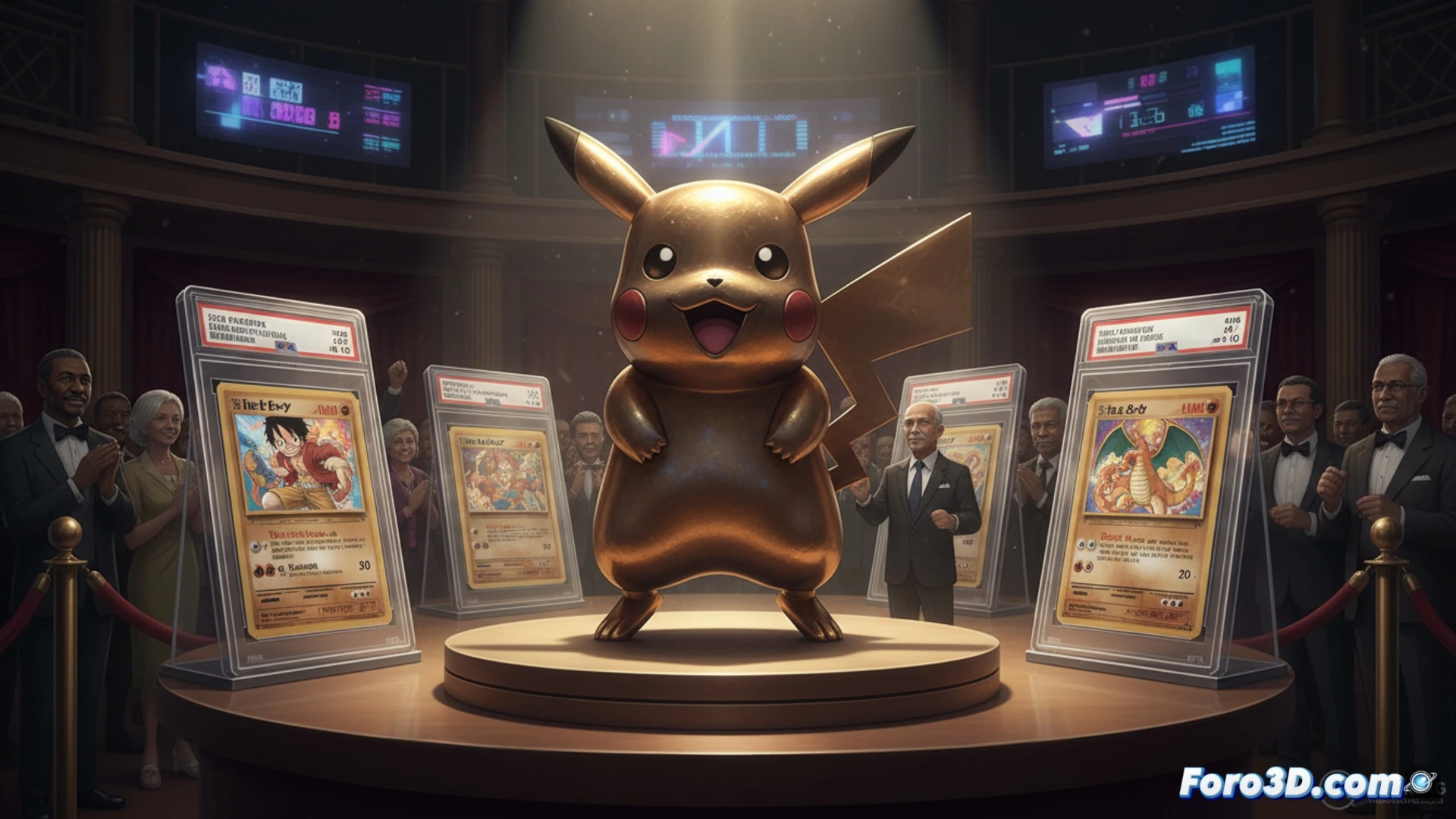 Un Pikachu Trofeo de Bronce en grado PSA 10 brilla sobre cartas raras de Charizard y Luffy, con fondo de subasta y martillo dorado.
