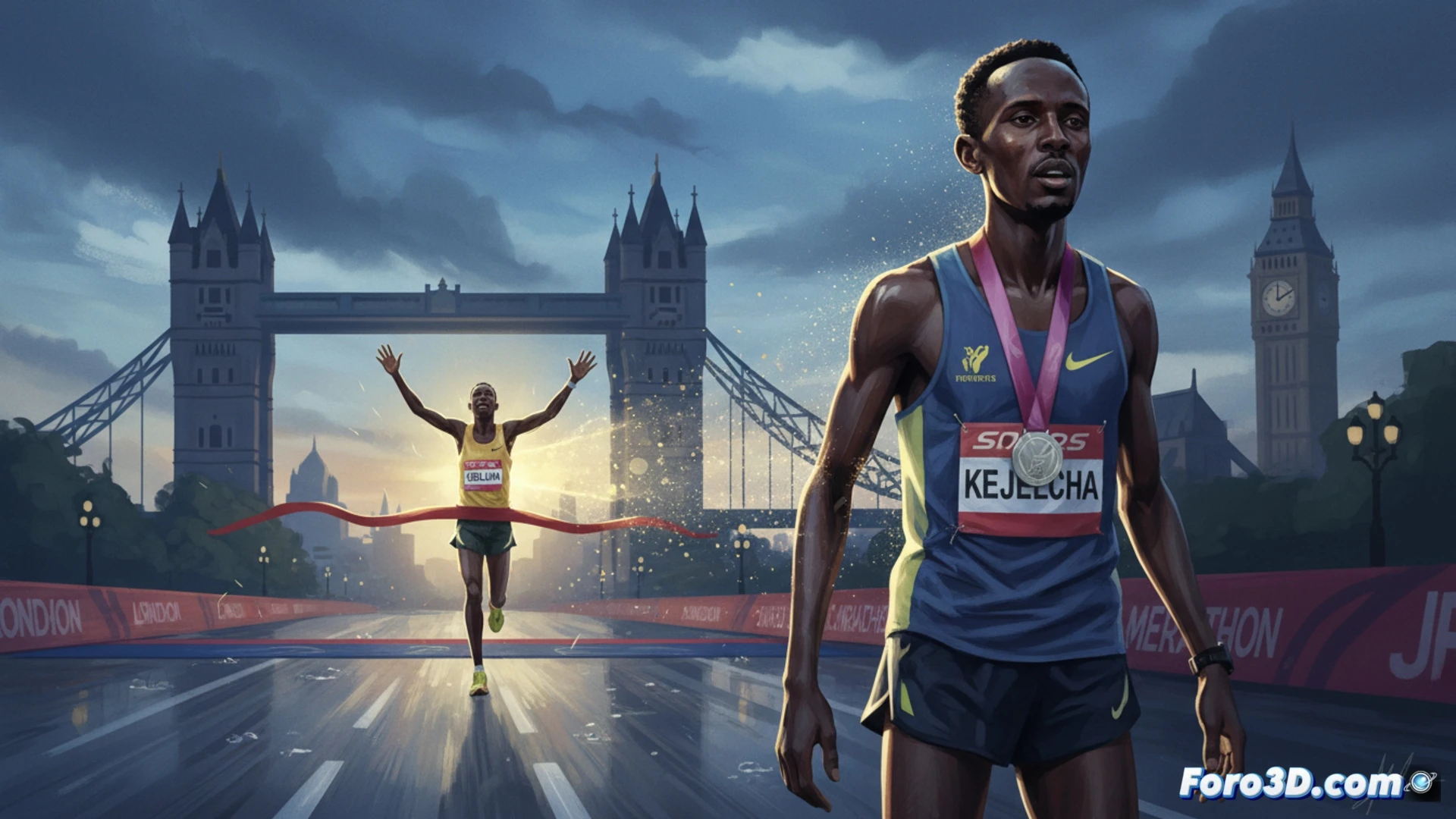 long-distance runner Kejelcha in full sprint during London Marathon, straining muscles visible, chasing the leading runner just meters ahead, both figures captured in dynamic motion, crowd blurred in background, finish line banners in distance, sweat droplets frozen mid-air, dramatic low-angle shot emphasizing effort and pursuit, cinematic photorealistic sports photography style, golden hour lighting casting long shadows, ultra-detailed skin texture and running shoe treads, emotional tension in body language, high contrast between winner and subcampeón, motion blur on legs and arms, dramatic sky with clouds breaking light