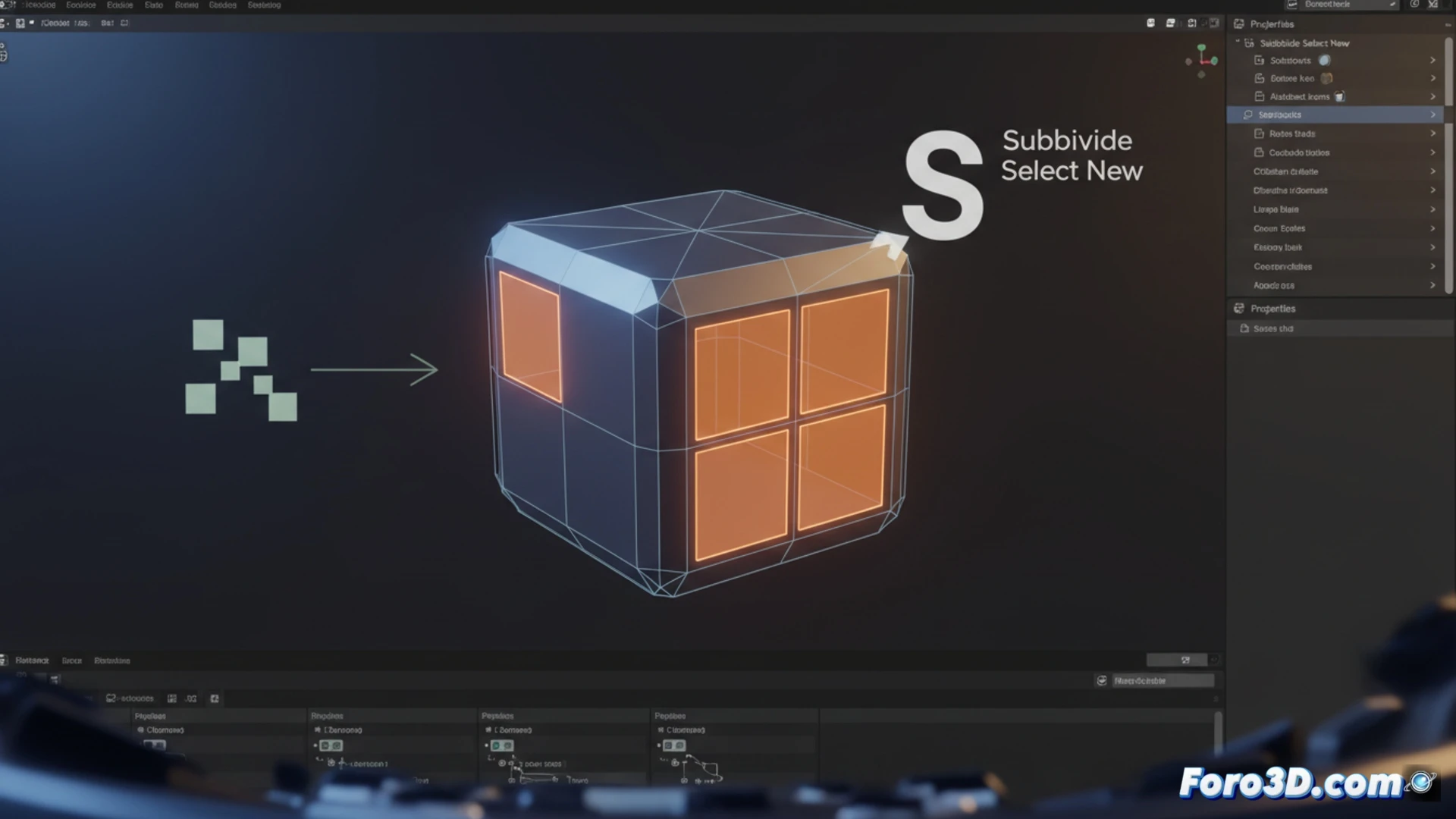 Interfaz de Blender con un cubo subdividido; los nuevos vértices y bordes brillan en naranja, destacando sobre el resto en gris apagado.