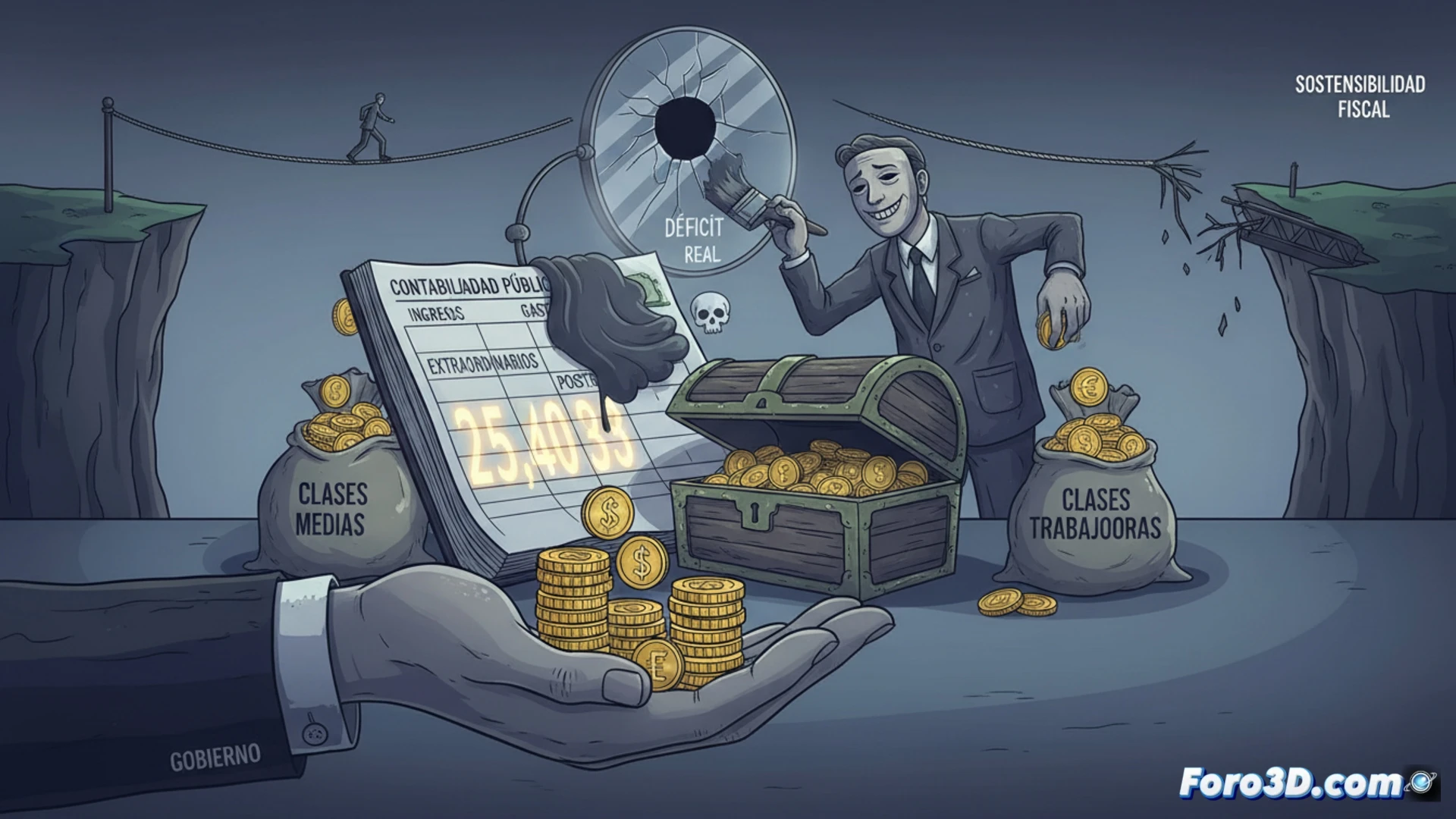 Una balanza fiscal desequilibrada: un lado con monedas etiquetadas como 'impuestos' aplasta a una clase media encorvada, mientras el otro lado, con maquillaje y un espejo, oculta gastos y deudas bajo una alfombra.