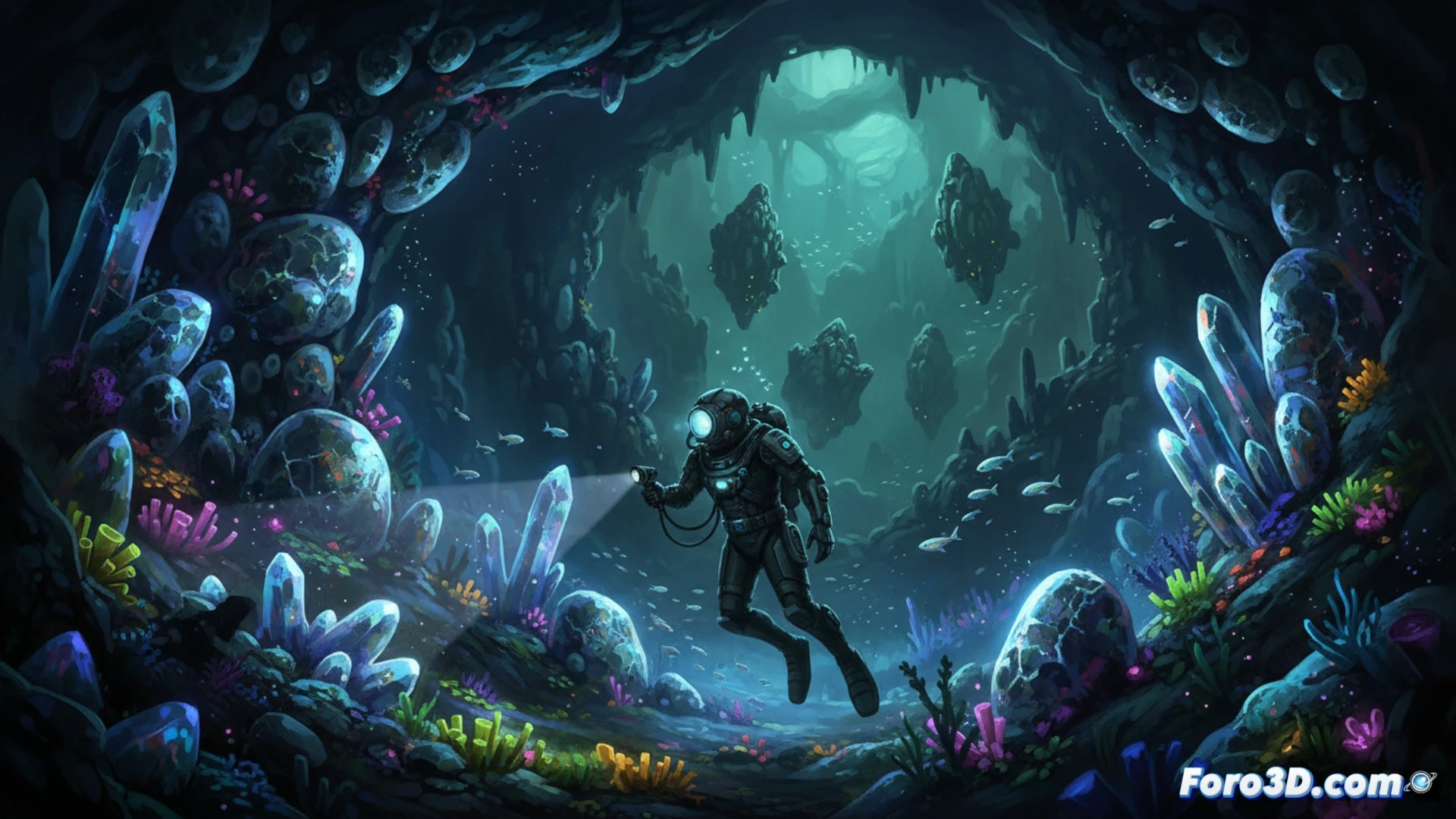 Subnautica 2 early game silver ore veins glowing near a safe coral reef, a player character using a handheld mineral scanner while swimming, scanning device emitting a blue light beam over a rocky outcrop, newly spawned silver deposits embedded in limestone, distant dangerous predator silhouette lurking in darker waters, cinematic underwater engineering visualization, bioluminescent flora illuminating the seafloor, bubbles rising from the scanner tool, photorealistic ocean lighting with caustic rays, ultra-detailed mineral textures, dramatic depth-of-field focus on the scanner screen