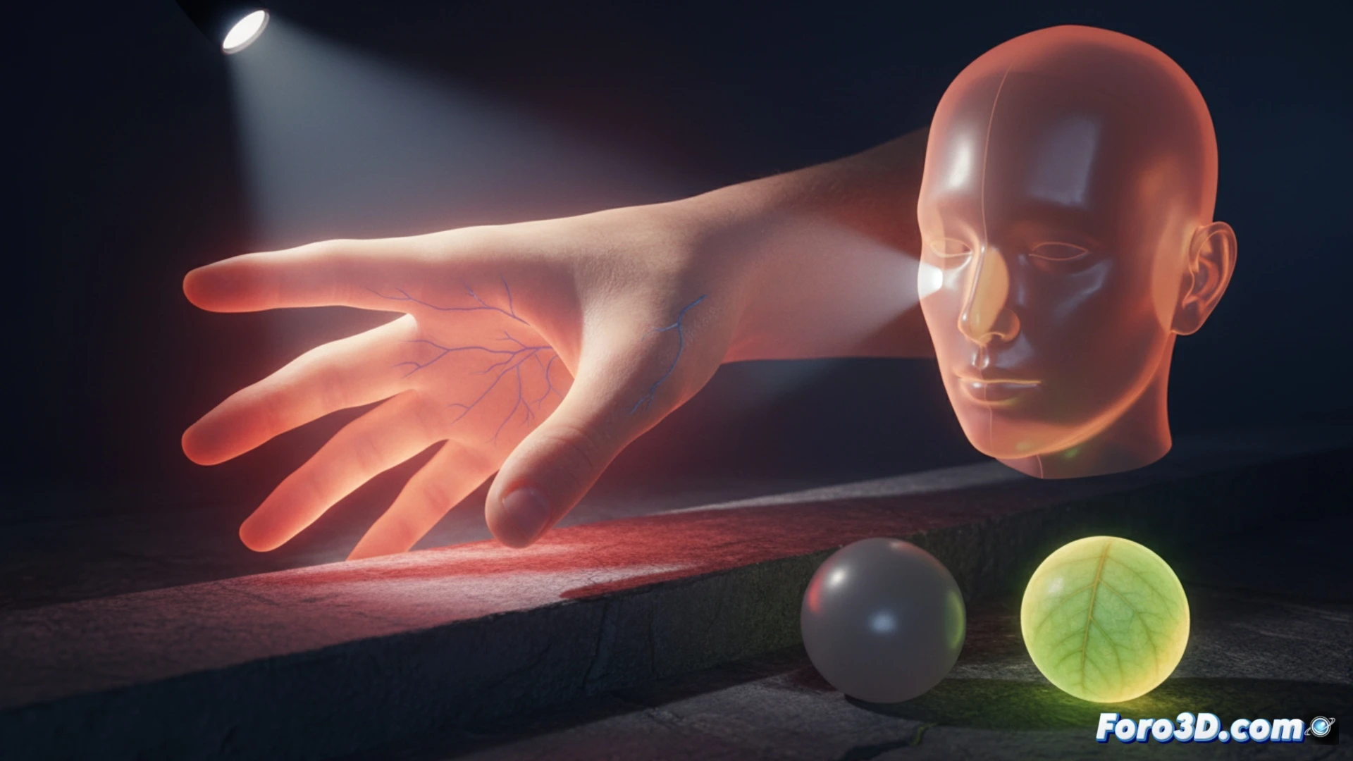 photorealistic close-up of a human ear glowing from a strong backlight, light rays entering translucent skin and scattering beneath the surface, red-orange subsurface glow visible at the ear edge, a 3D modeling software interface partially visible in the background showing SSS material sliders and a wireframe head model, cinematic studio lighting with dramatic rim light, ultra-detailed skin texture with subtle pores and fine hairs, technical illustration style, demonstrating light transport inside organic tissue, soft caustic patterns on the ear lobe
