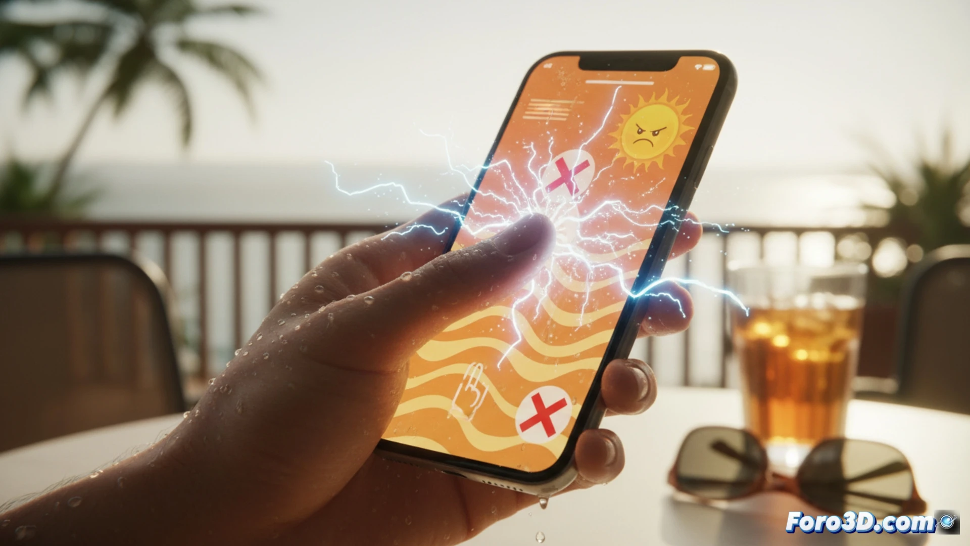 close-up of a sweaty fingertip pressing a smartphone screen, visible moisture droplets disrupting the capacitive touch grid, failed unlock attempt shown by a frozen screen with no response, electrical field interference visualized as faint red static lines around the finger, summer sunlight casting harsh shadows on the phone, technical illustration style, hyperrealistic skin texture, glossy screen reflections, microscopic water beads on glass, cinematic macro shot, engineering visualization of touch sensor malfunction