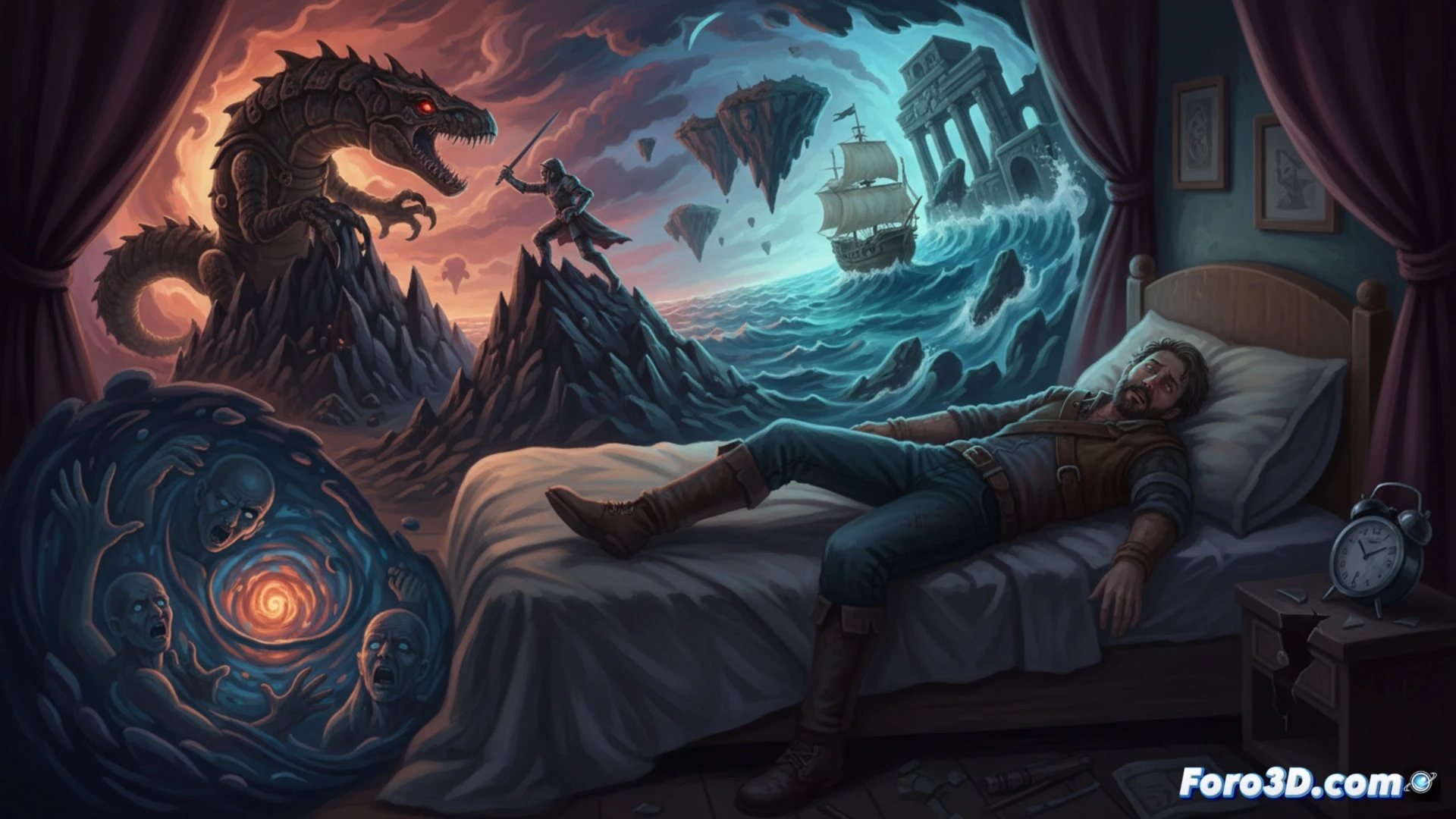 photorealistic cinematic scene of a sleeping person tangled in glowing fiber optic cables and holographic dream sequences, their face strained with exhaustion while digital clock shows 3 am, neural network data streams flowing from their head into a chaotic vortex of vivid fantasy landscapes, computer hardware components scattered on nightstand with cooling fans struggling, dark bedroom atmosphere with blue and amber lighting, motion blur indicating restless tossing, technical illustration style showing sleep cycle disruption, ultra-detailed skin texture and fabric wrinkles, dramatic shadows emphasizing fatigue