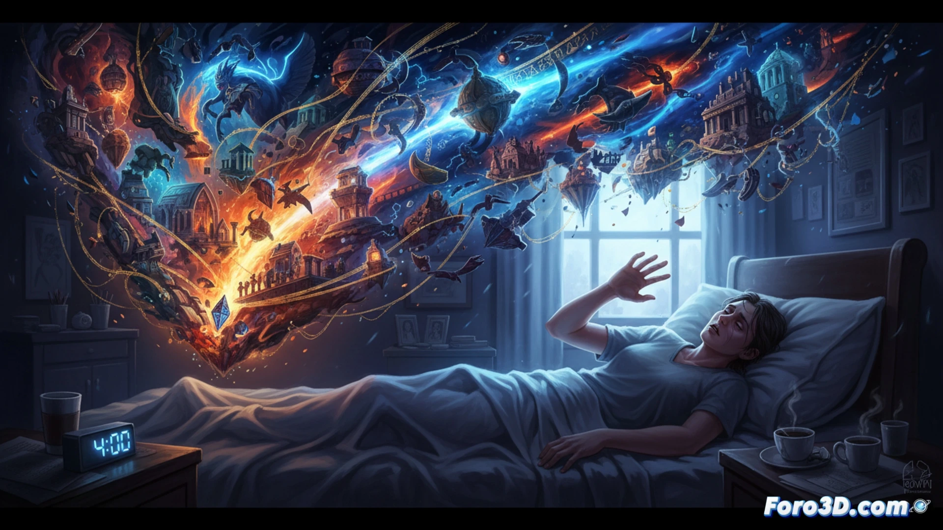 Photorealistic medical illustration of a sleeping person in a sleep lab, brain glowing with intense neural activity during REM sleep, EEG wires connected to scalp showing chaotic spike patterns, heart rate monitor displaying rapid fluctuations, exhausted expression on face upon waking, hospital bed with tangled sheets, dark room with blue ambient light from monitoring equipment, technical cinematic style, ultra-detailed skin texture, dramatic chiaroscuro lighting, neurological data streams visualized as luminous particles floating above the head, sleep study sensors attached to temples and chest, clinical atmosphere with medical machines in background, photorealistic technical render