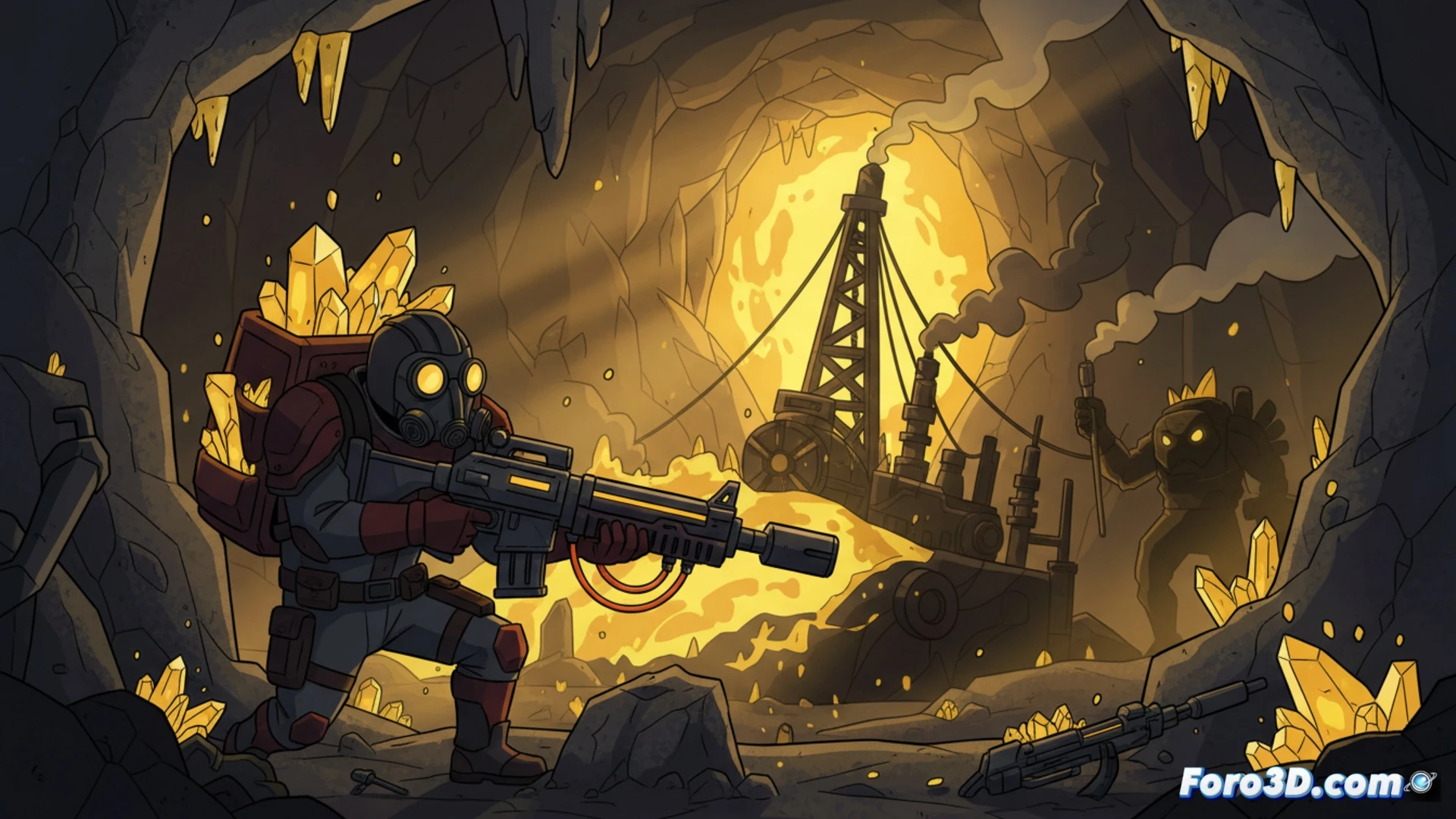 Captura de SULFUR, personaje caricaturesco con arma en entorno oscuro y sombras dinámicas en Unity.