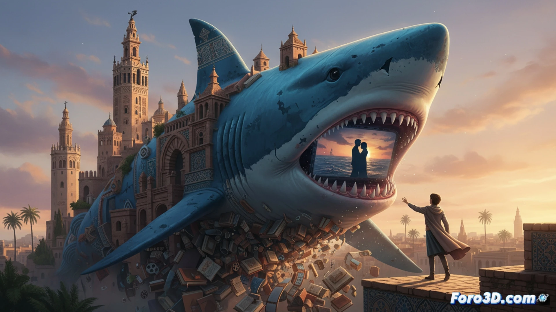Descripción detallada (110 caracteres):  
Un café humeante en Sevilla, con un tiburón plateado emergiendo de la taza, bajo un atardecer rojo y amoroso.