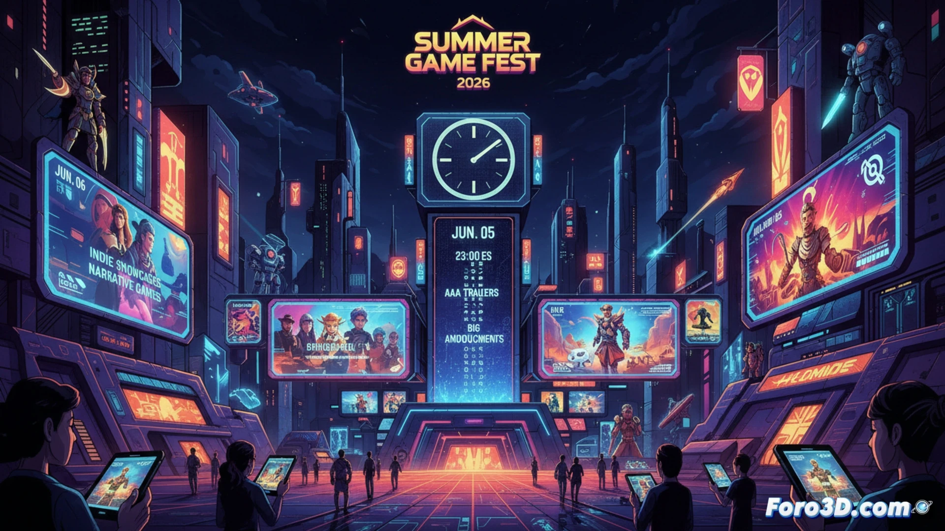 Cinematic scene of a futuristic digital stage with holographic game controllers floating mid-air, a large LED screen displaying a countdown timer at 23:00, multiple gaming consoles and VR headsets connected to glowing cables, indie game cartridges and AAA game discs scattered on a metallic table, developers adjusting a live-streaming camera rig, neon blue and purple lighting reflecting off glossy surfaces, photorealistic technical illustration, ultra-detailed hardware textures, dramatic spotlight illuminating the main showcase area, dynamic action during the event setup