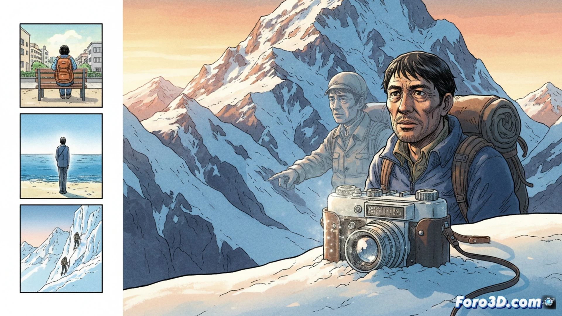 mountain climber holding an old film camera while standing on a snowy peak, open manga pages scattered on rocks nearby, drawing tools and ink bottles on a wooden desk in foreground, technical illustration style, cinematic lighting, snow particles drifting in wind, detailed alpine gear and climbing ropes visible, realistic textures of paper and metal, dramatic shadows across the scene, photorealistic render