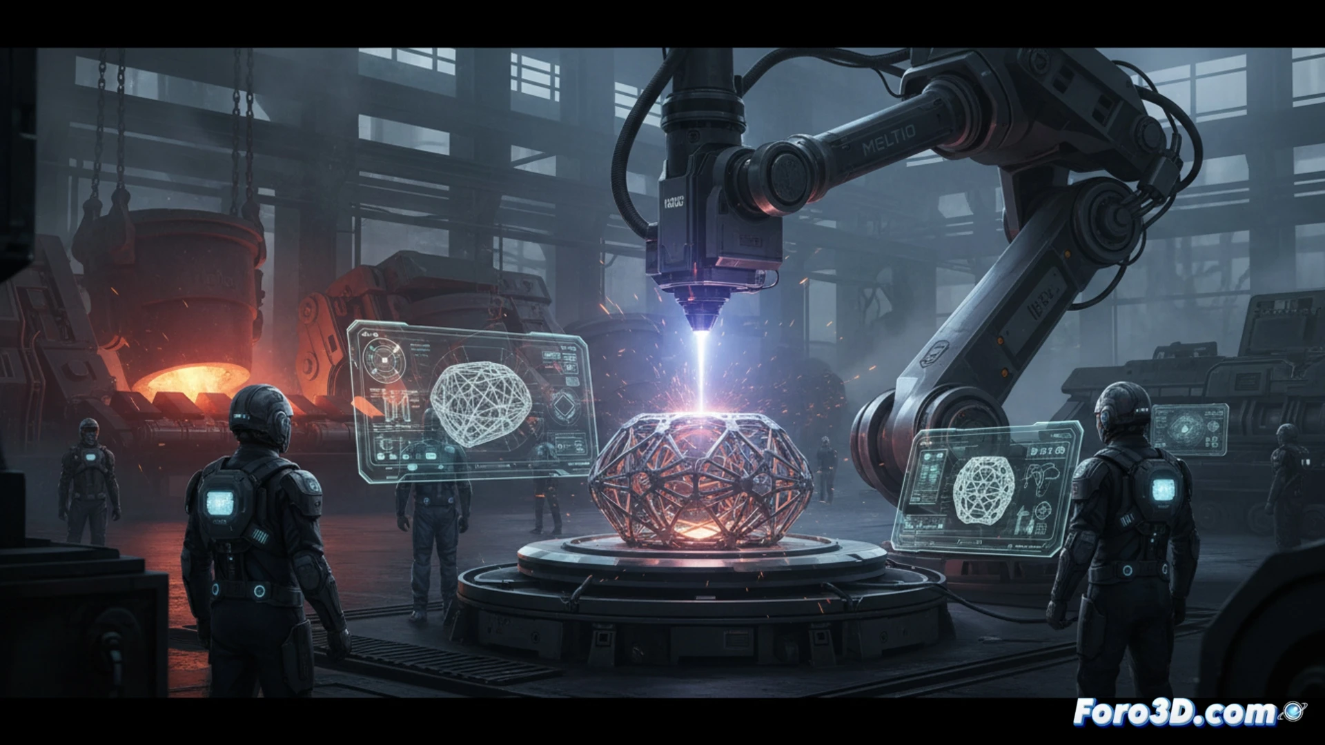 Descripción (80-120 caracteres):
Summseed aplica impresión 3D metálica de Meltio: robot con cabezal láser deposita alambre sobre pieza de acero en taller industrial.