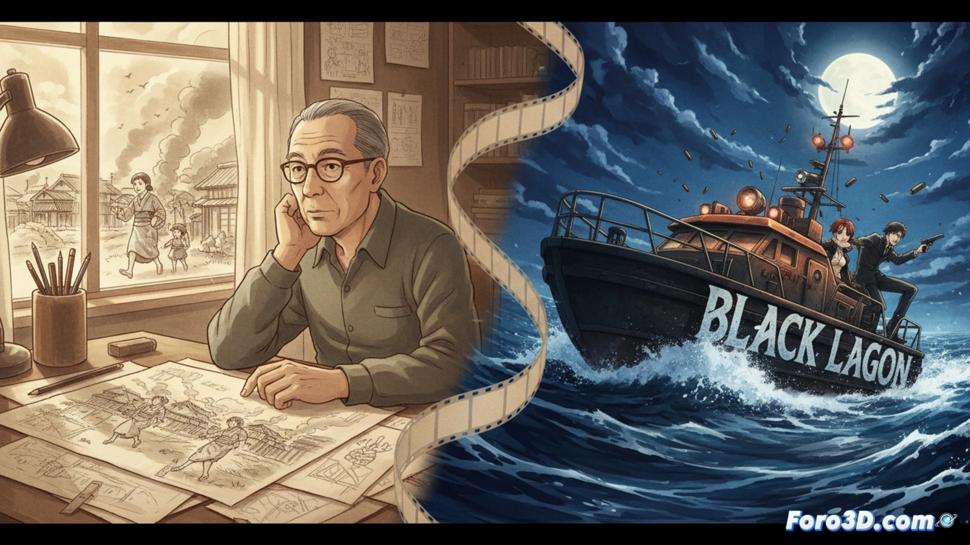 Sunao Katabuchi, un lado histórico realista, contrasta con Miyazaki. Escena: dibujos de guerra y balas de Black Lagoon.